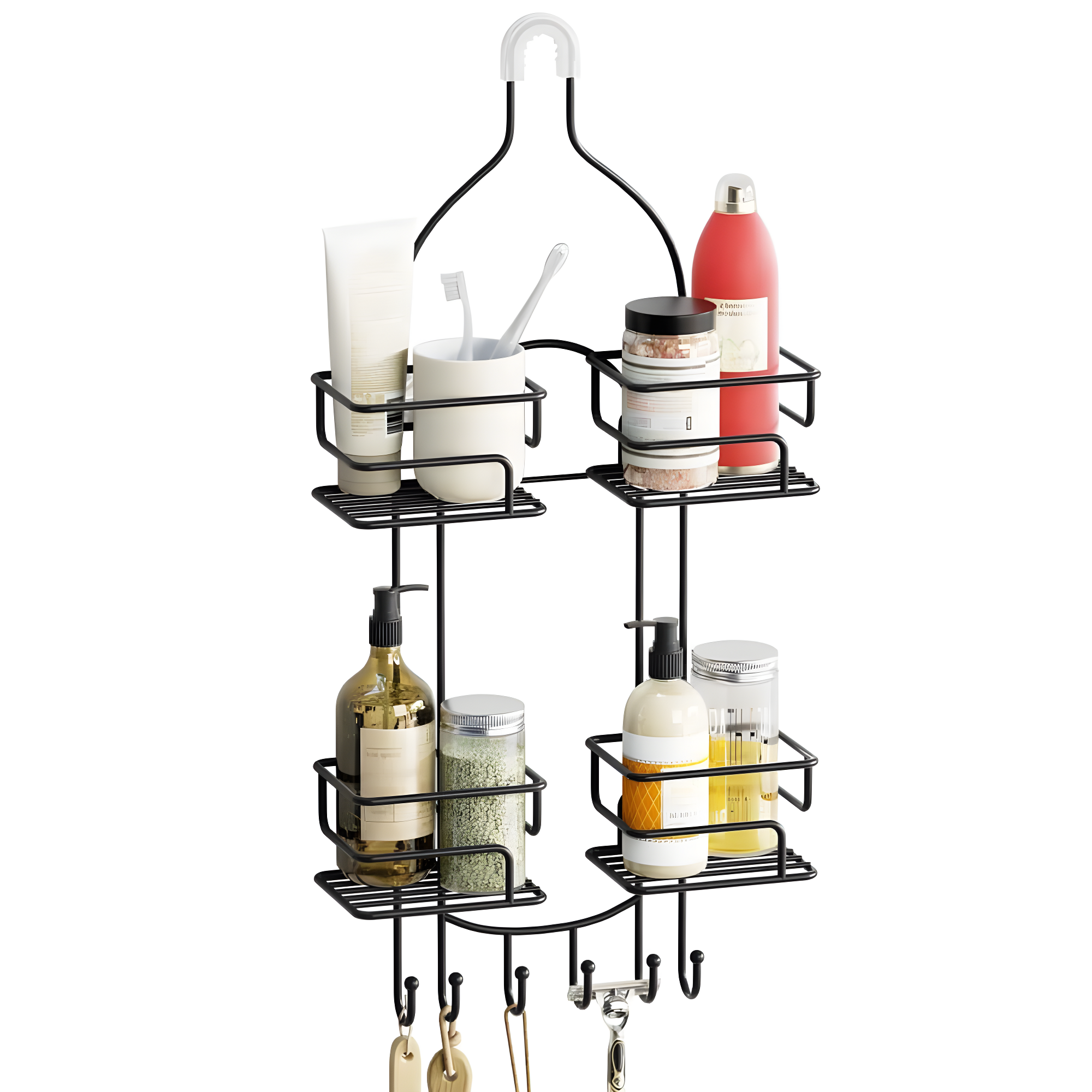 Black Metal Suction Mount Shower Caddy with Hooks