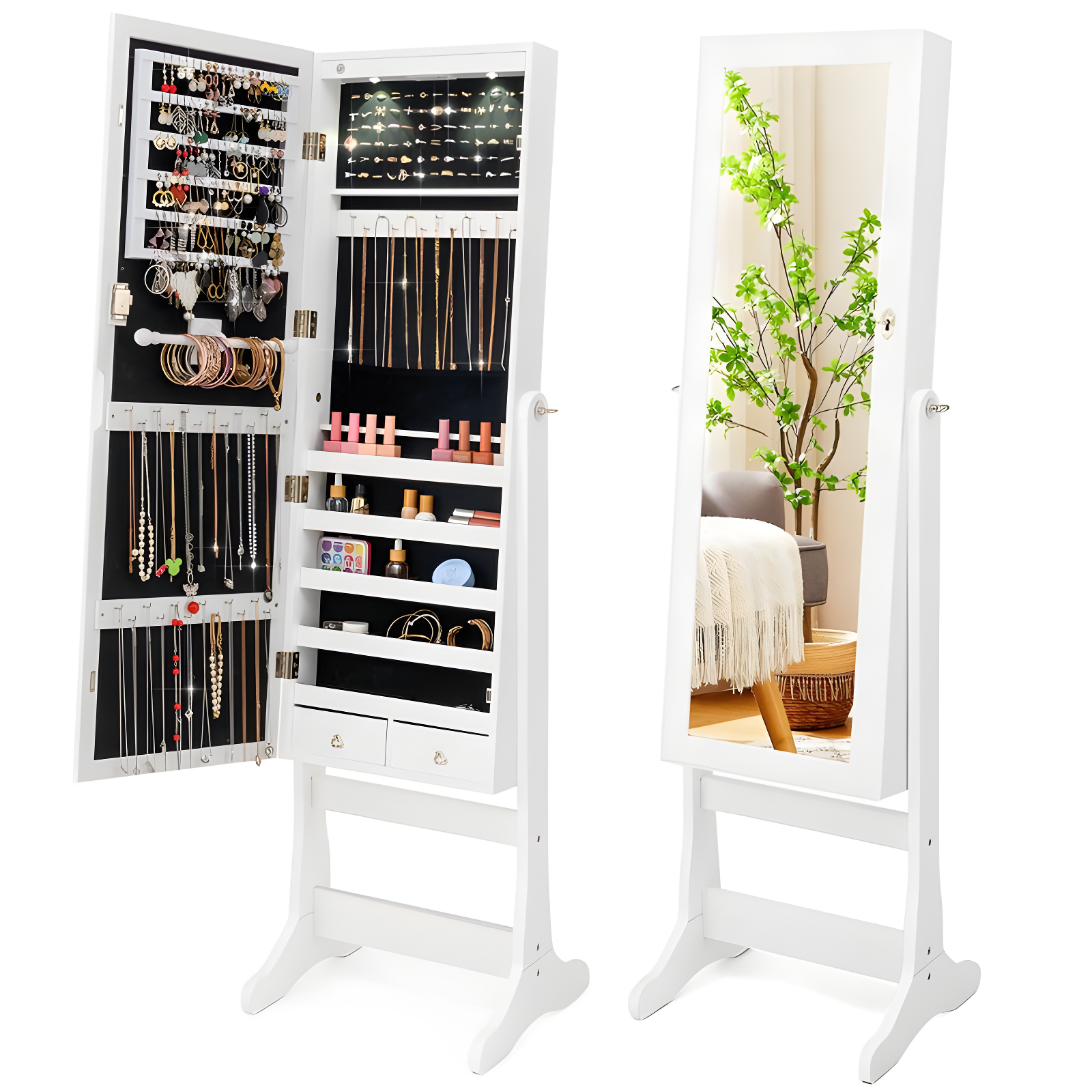 White Lockable Mirrored Jewelry Cabinet Armoire with Drawers