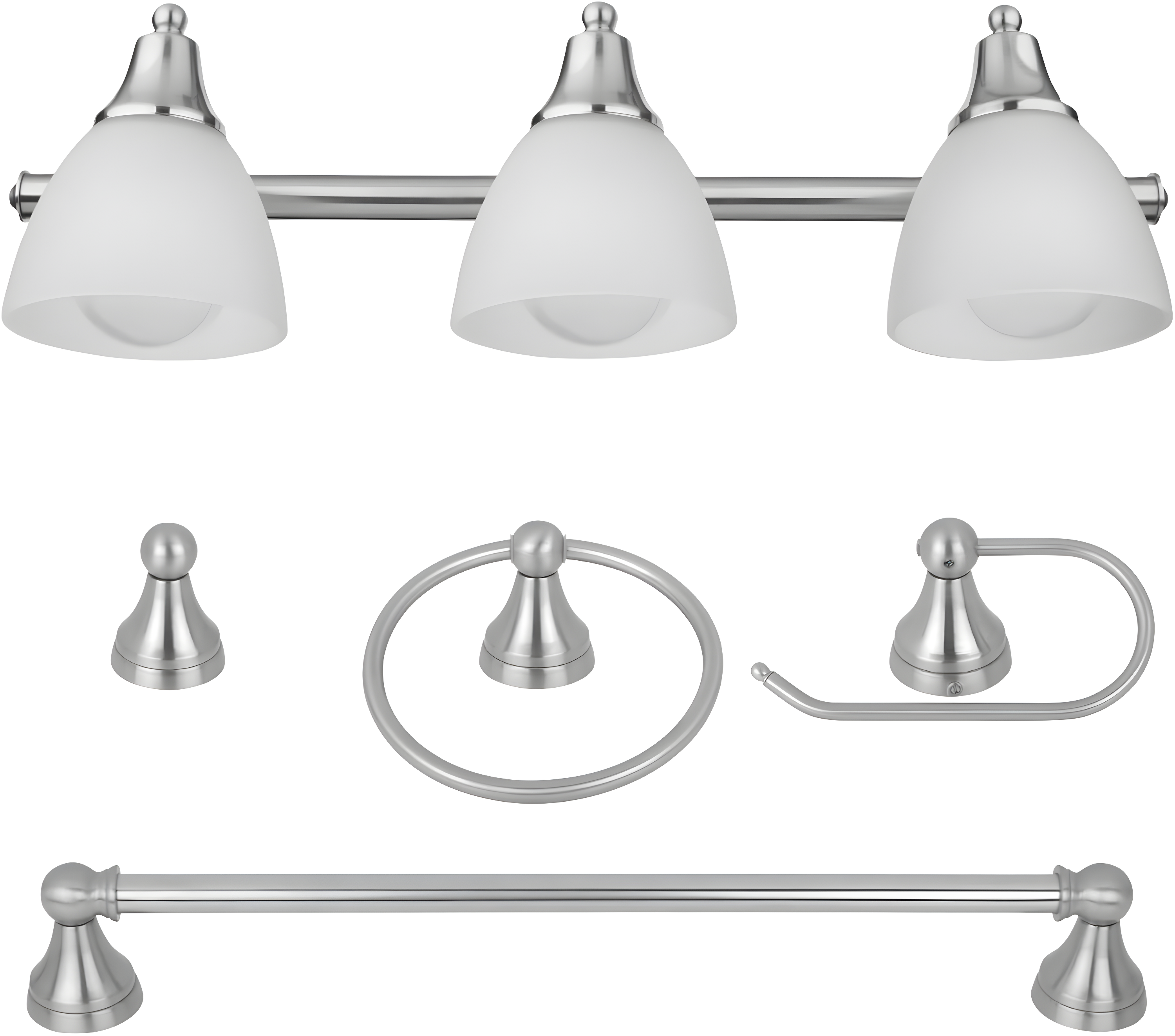 Brushed Steel 3-Light Vanity Bathroom Set with Frosted Shades