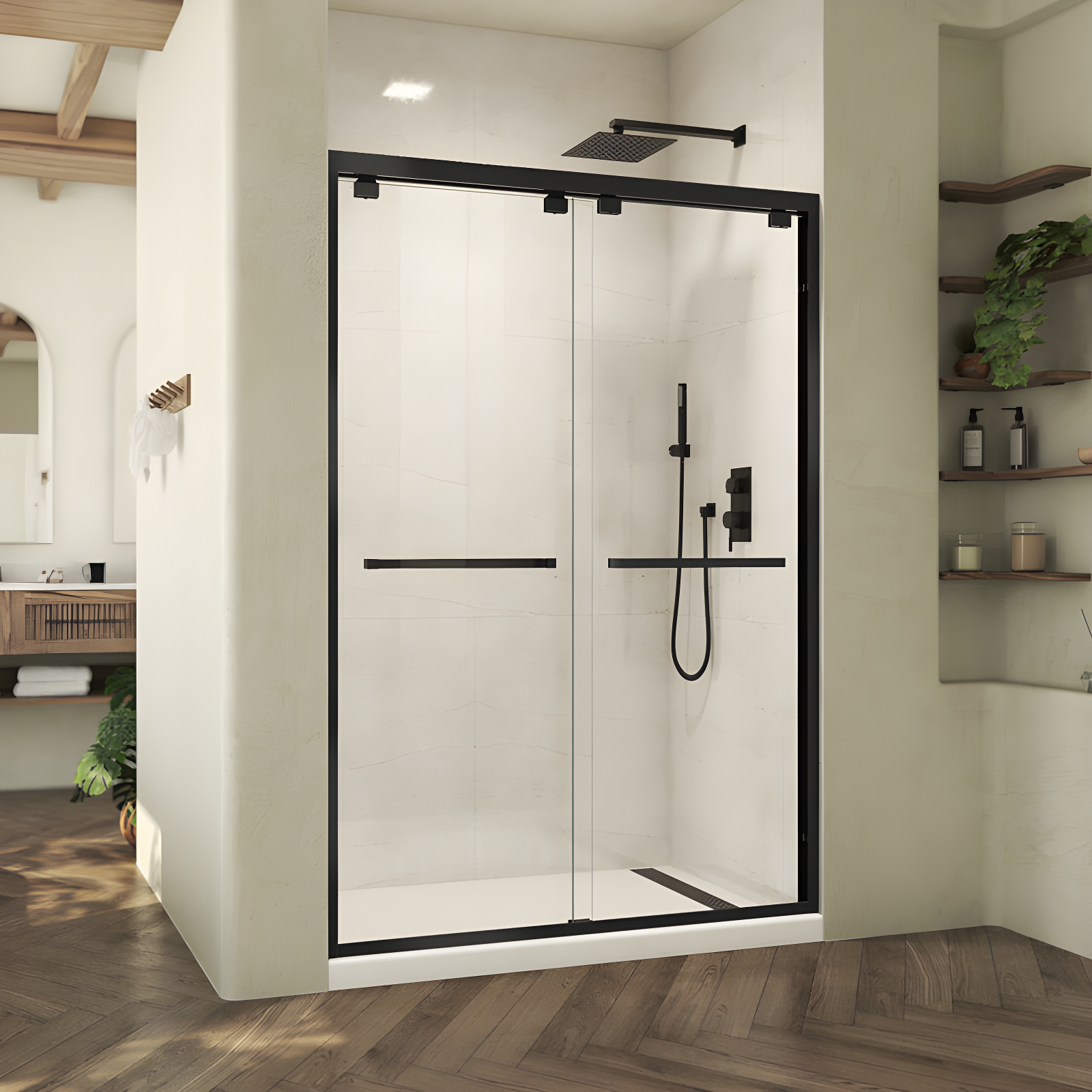 Matte Black Frameless Sliding Shower Door with Clear Glass