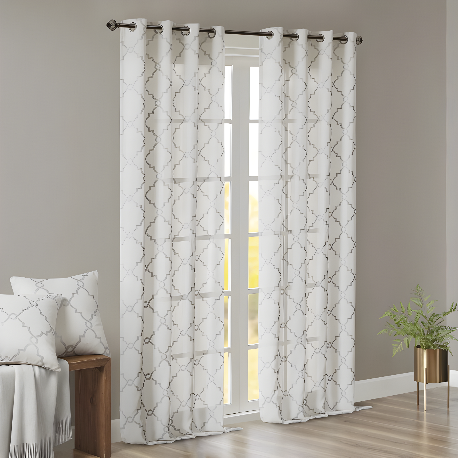 Ivory and Grey Light-Filtering Grommet Top Drapes