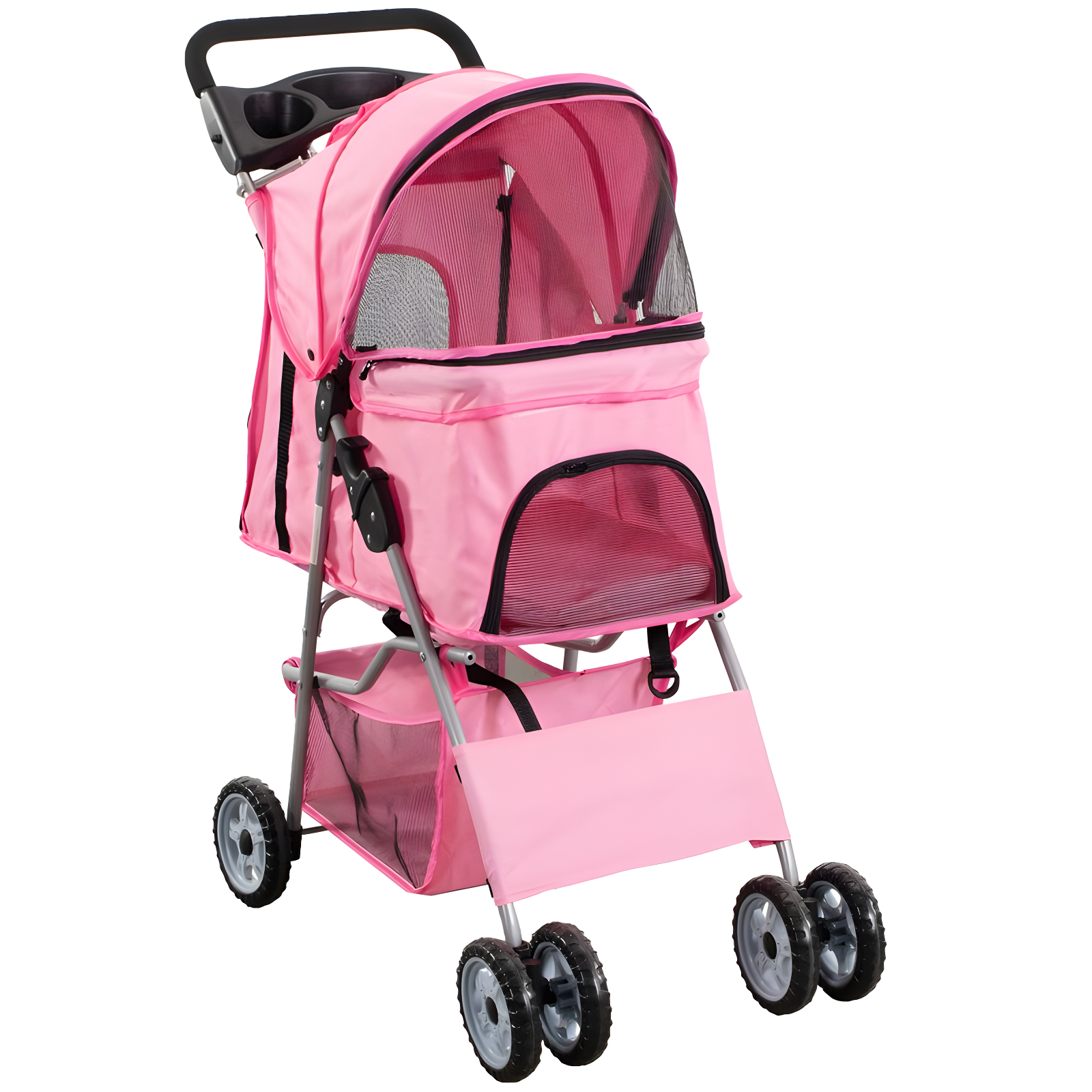 Pink Foldable Metal Pet Stroller with Mesh Windows