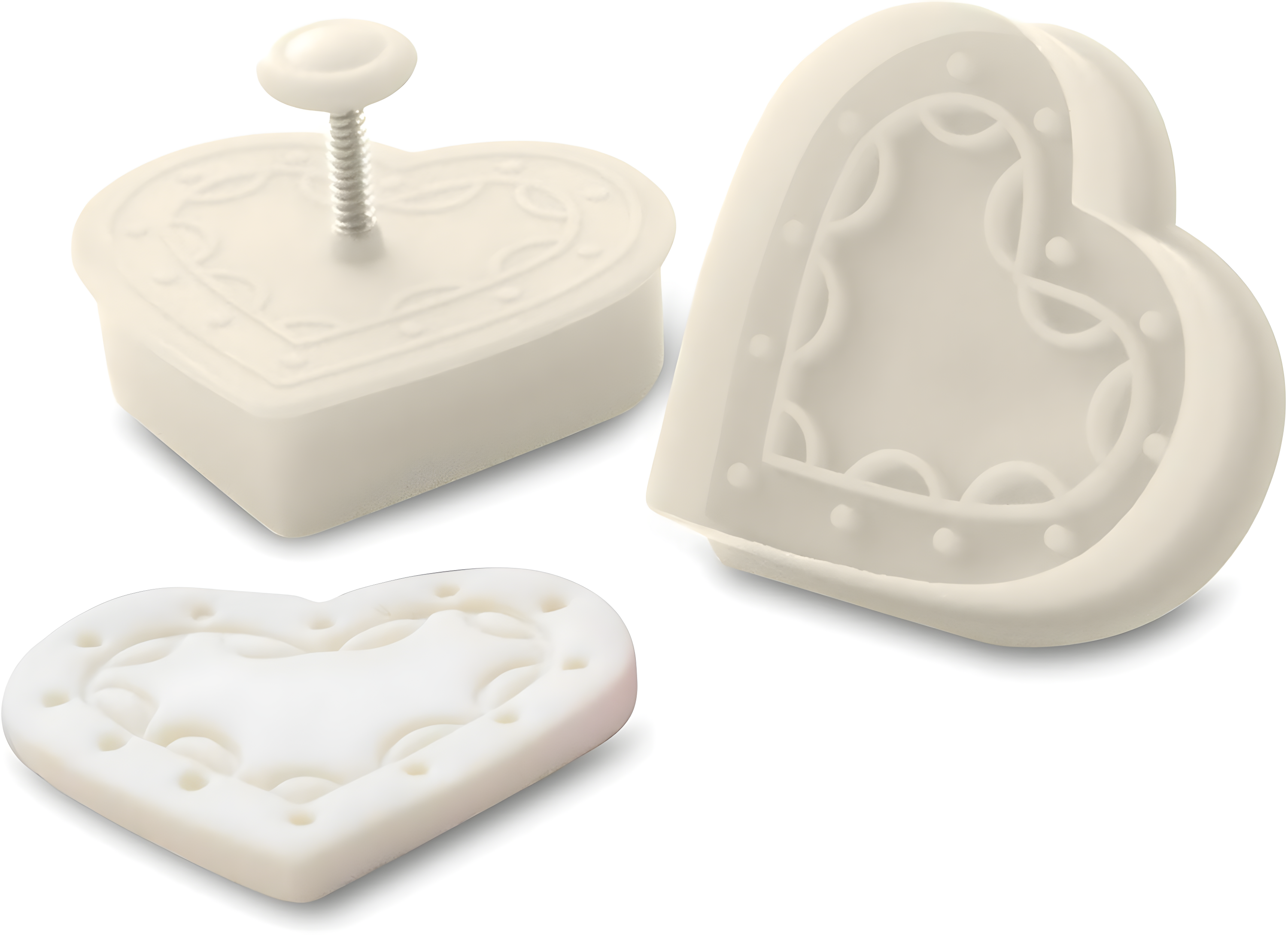 White Plastic Heart-Shaped Cookie Stamp and Cutter Set