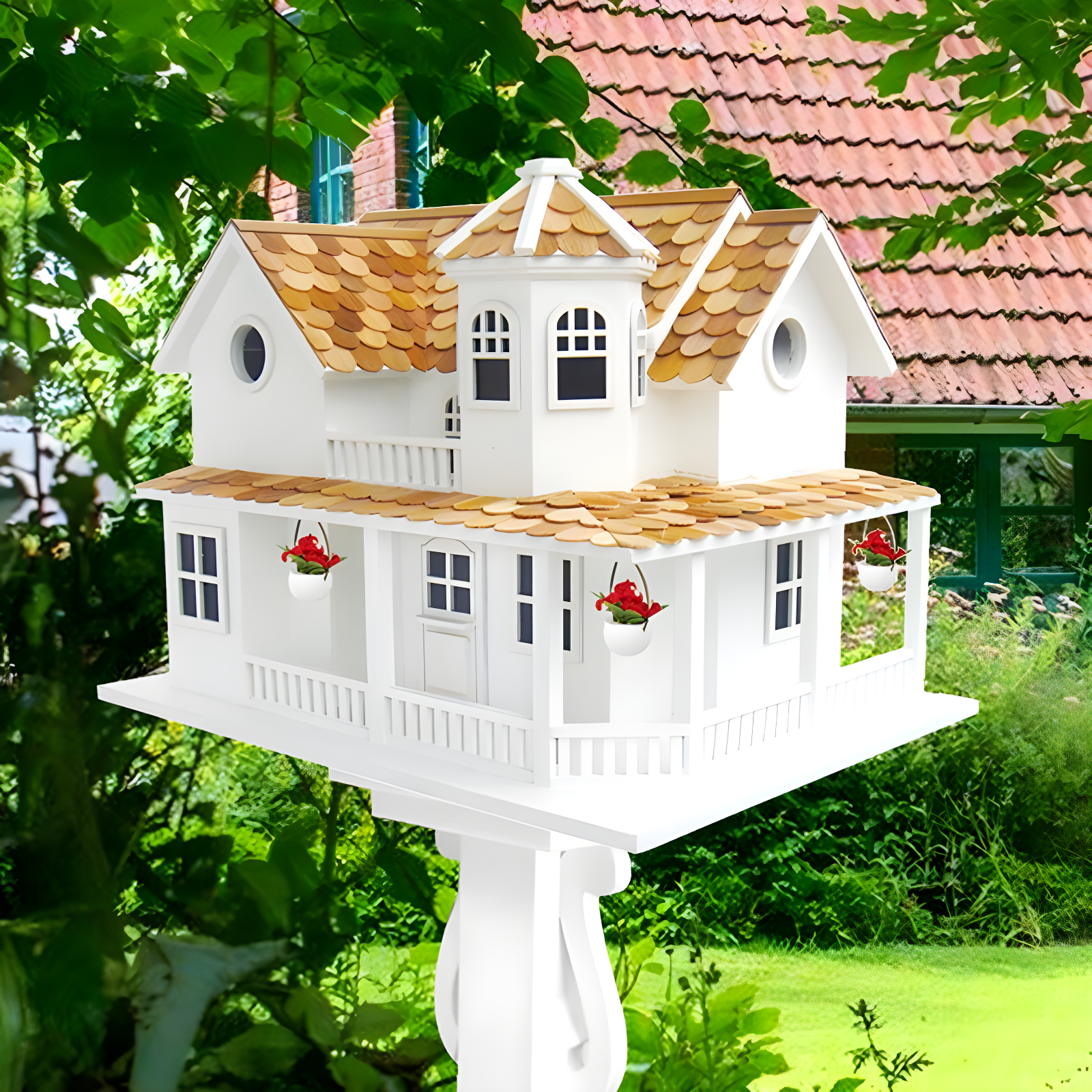 White and Cedar Wood Pole Mounted Cottage Birdhouse