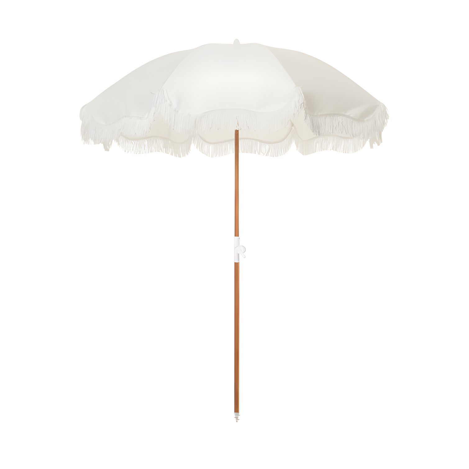 Antique White Round Beach Umbrella with Fringe and Wood Pole