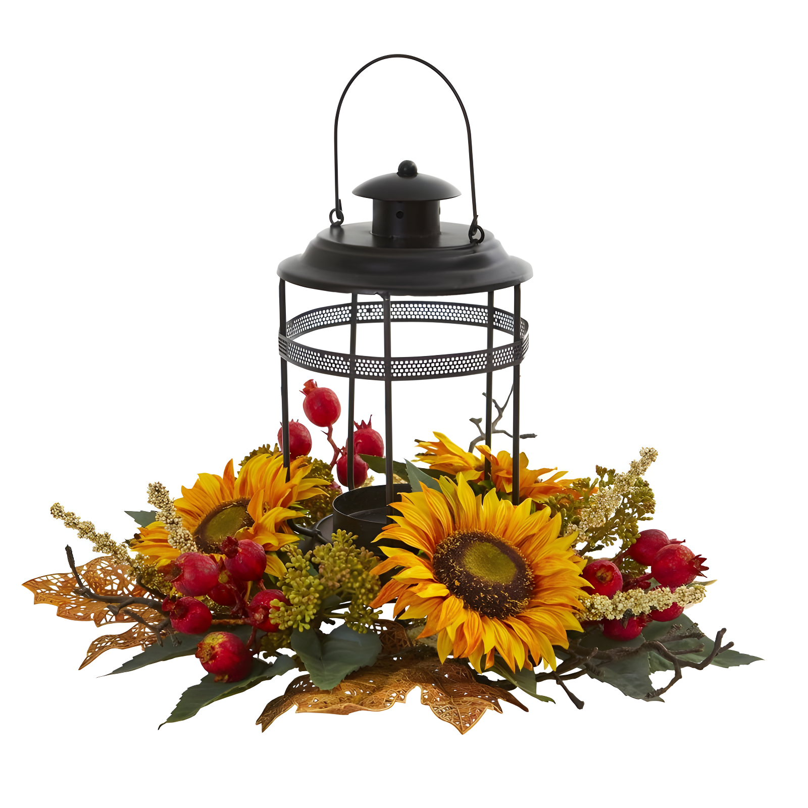 Autumn Sunflower and Berry Artificial Arrangement with Black Candelabrum