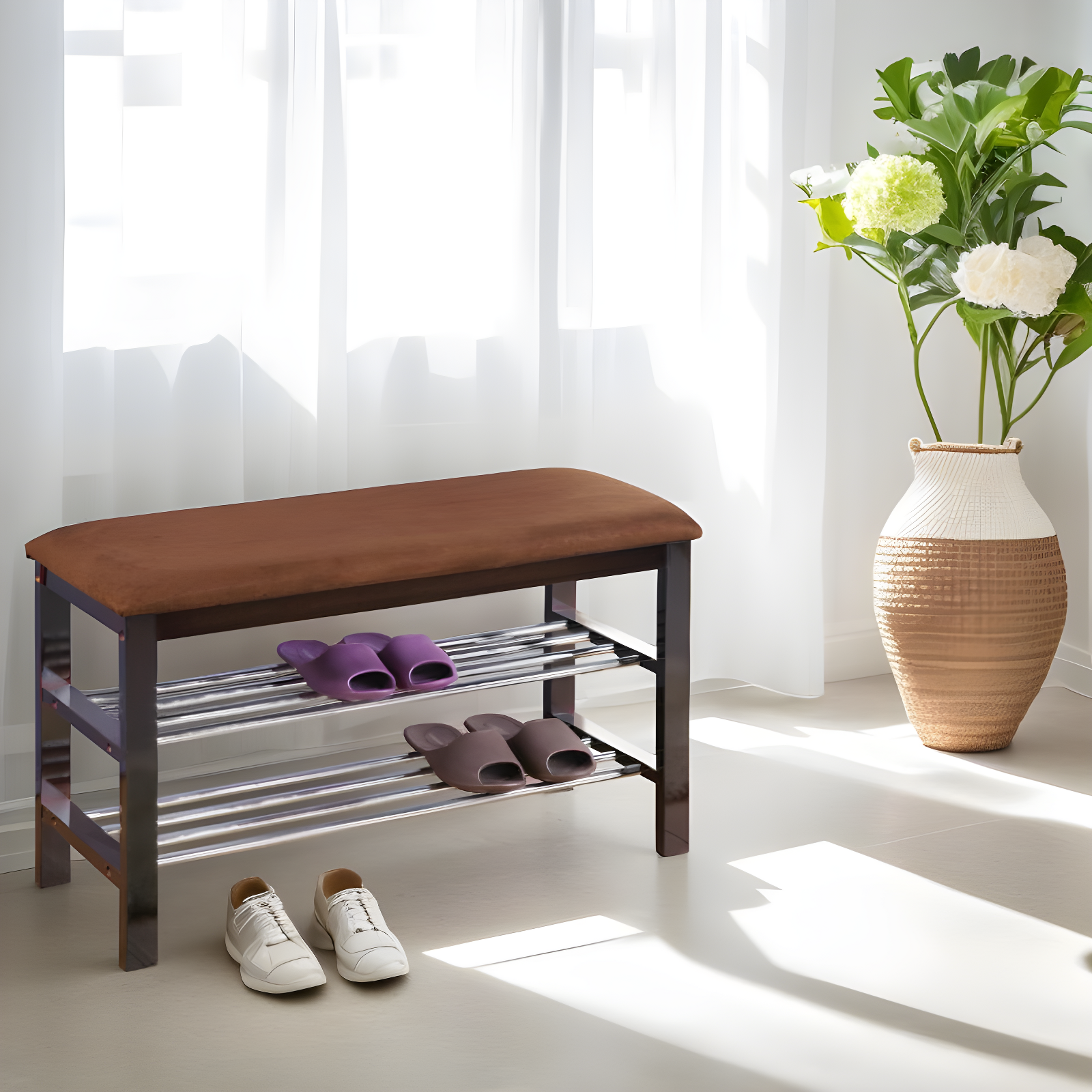 Dark Espresso Wood Shoe Bench with Chocolate Microfiber Seat and Metal Shelves