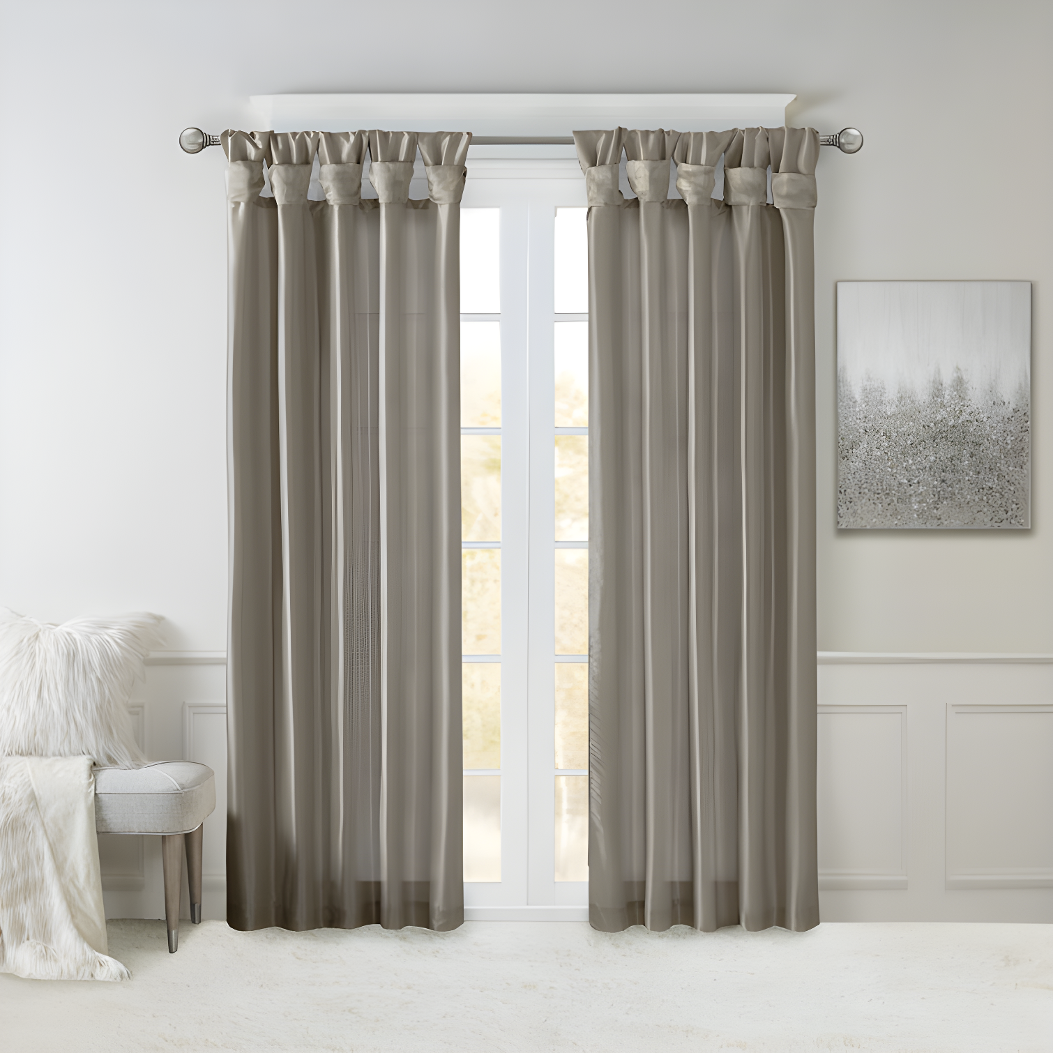 Pewter Faux Silk Light-Filtering Tab Top Curtain Panel