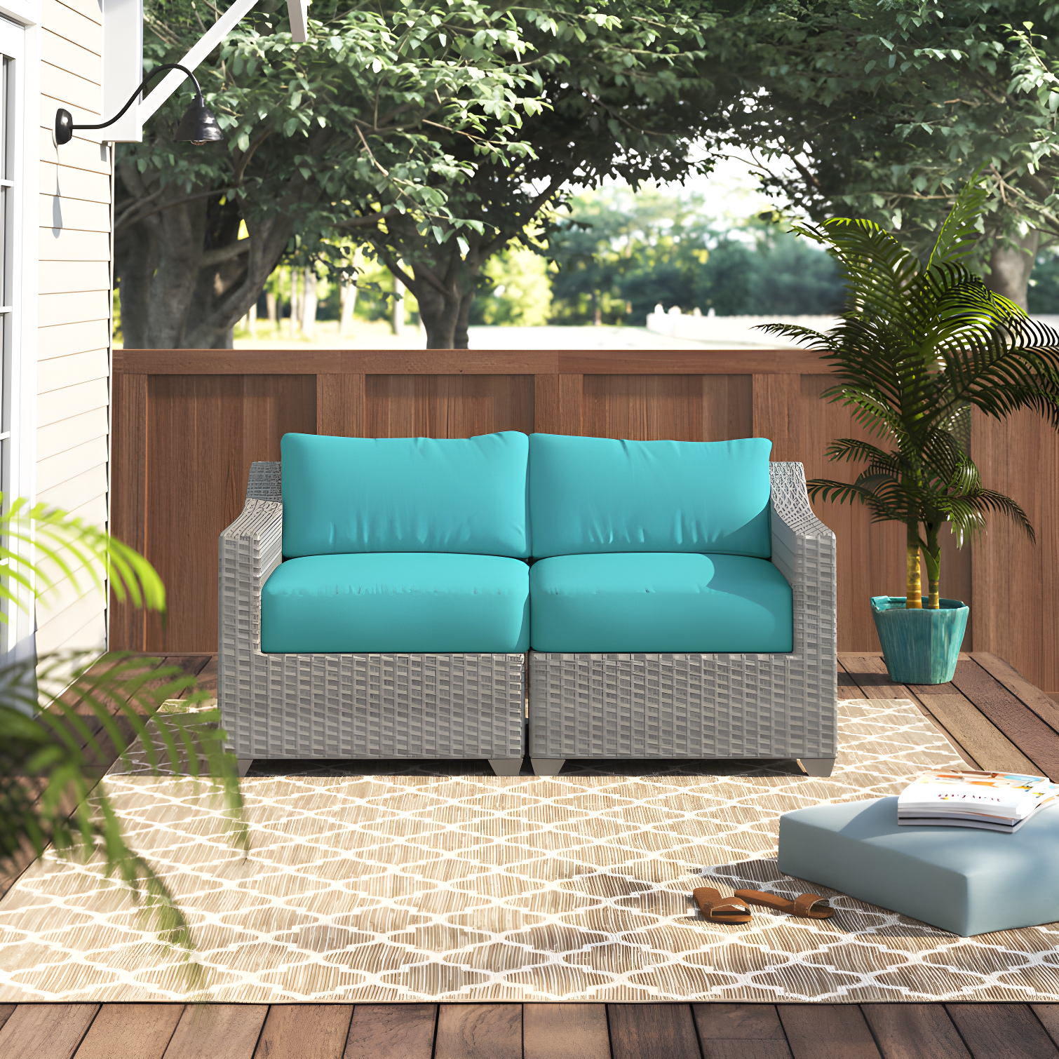 Aruba Blue Cushioned Wicker Outdoor Loveseat