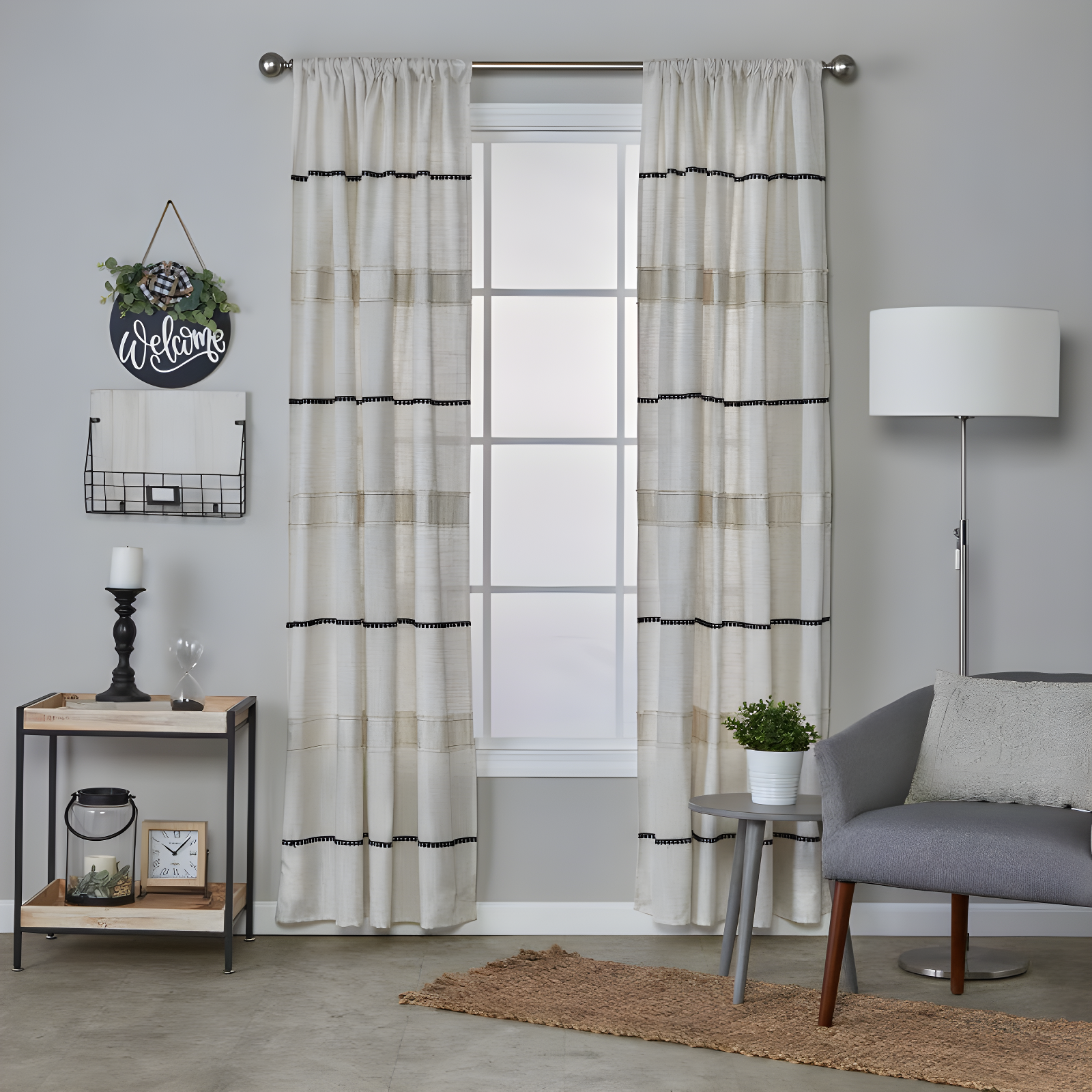 Navy and Linen Light-Filtering Rod Pocket Curtains