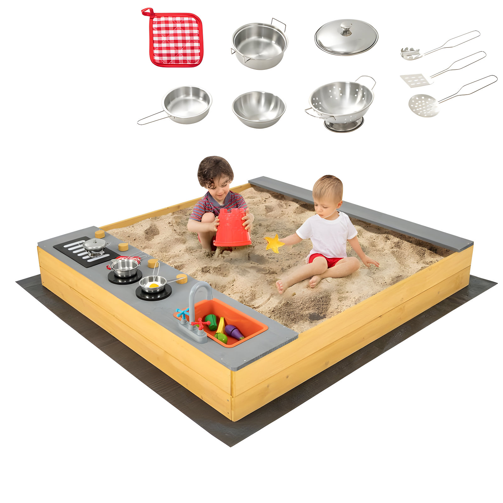 Natural Fir Wood Kids Sandbox with Cooking Area and Accessories