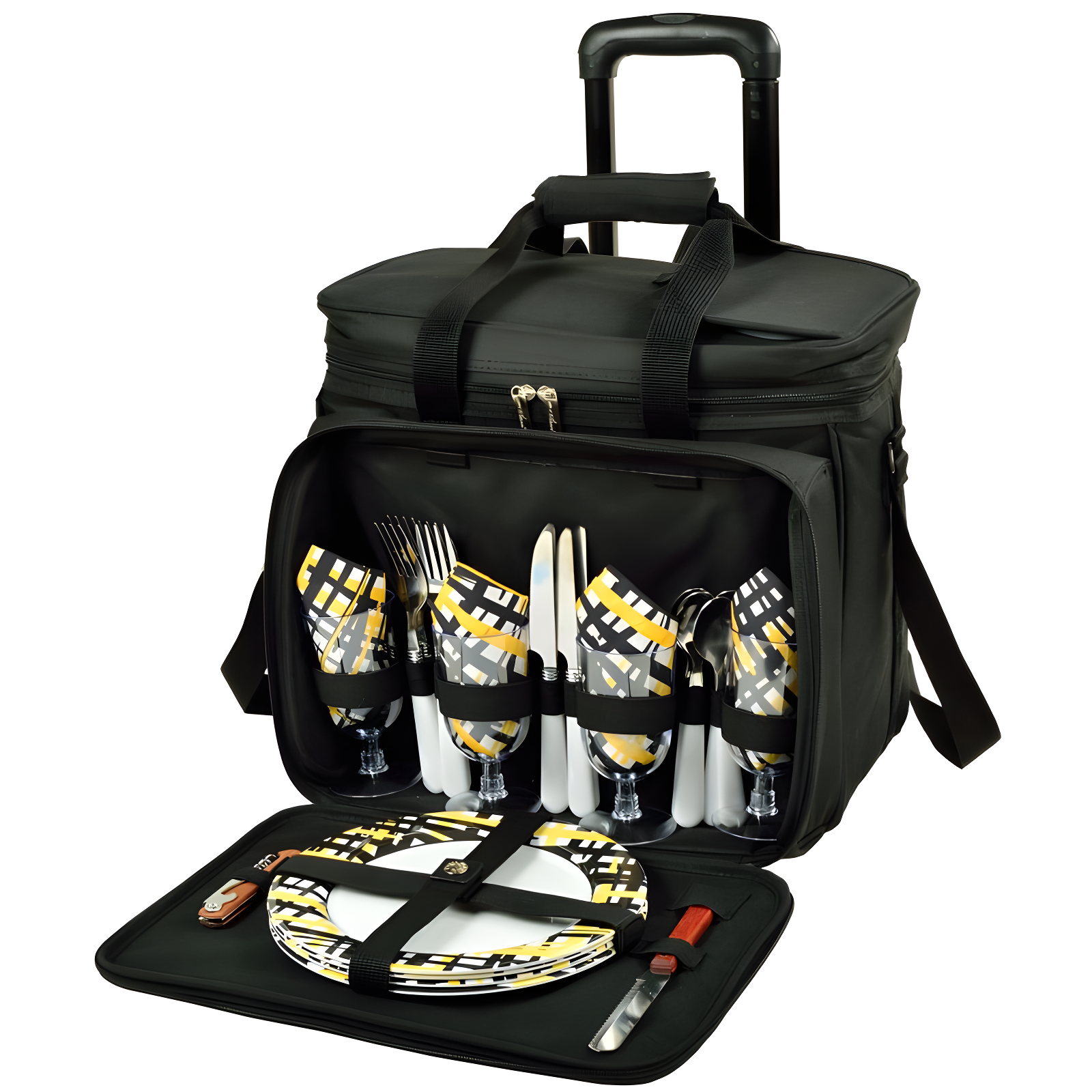 Black Insulated Rolling Picnic Cooler with Four Person Set