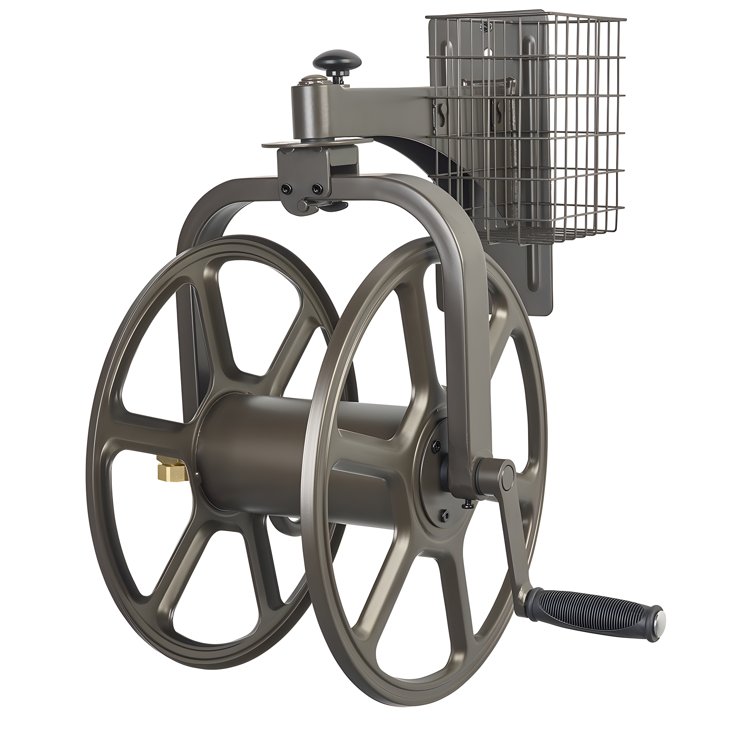 Bronze Steel Wall Mount Hose Reel with Storage Basket