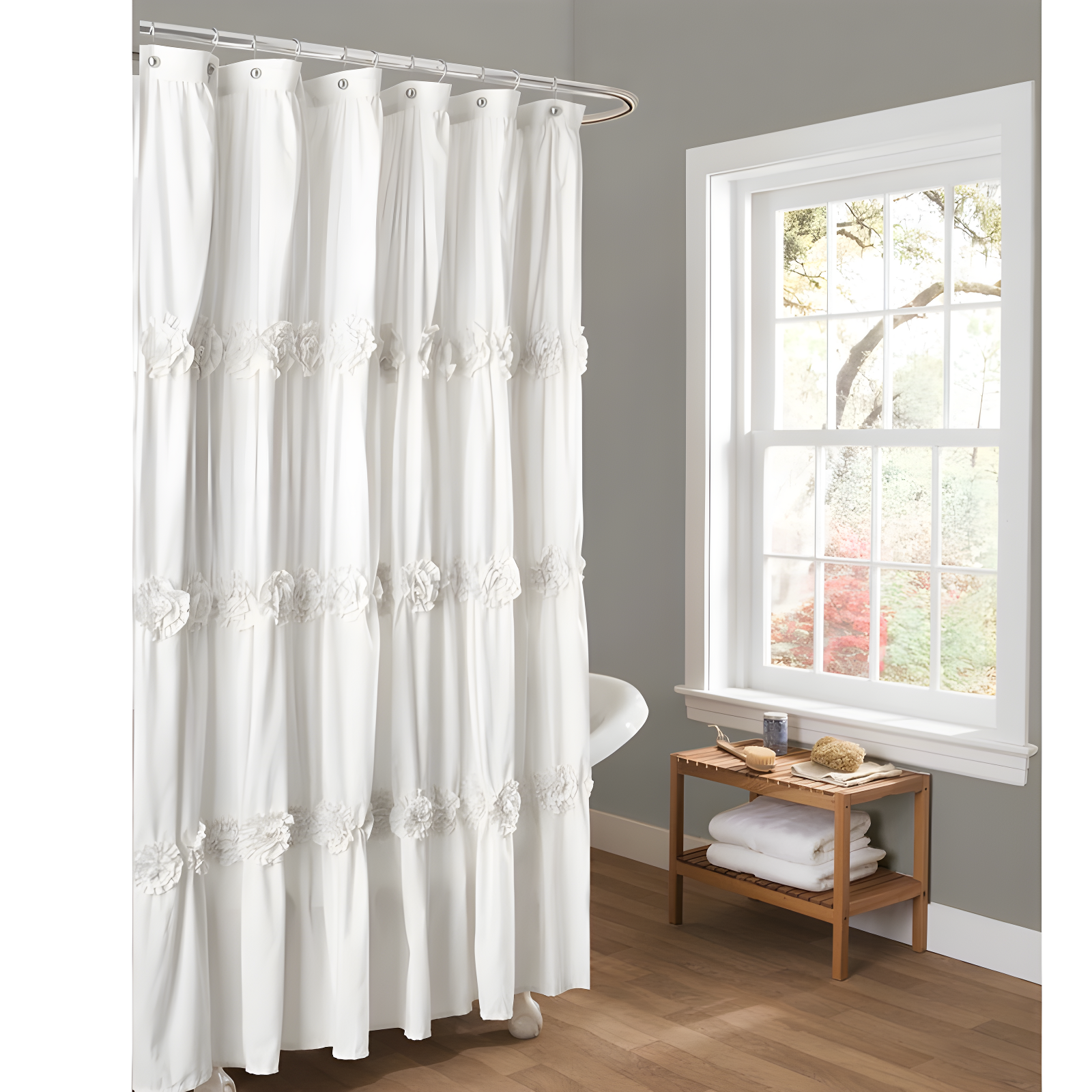 Darla White Floral Polyester Shower Curtain with Ruching