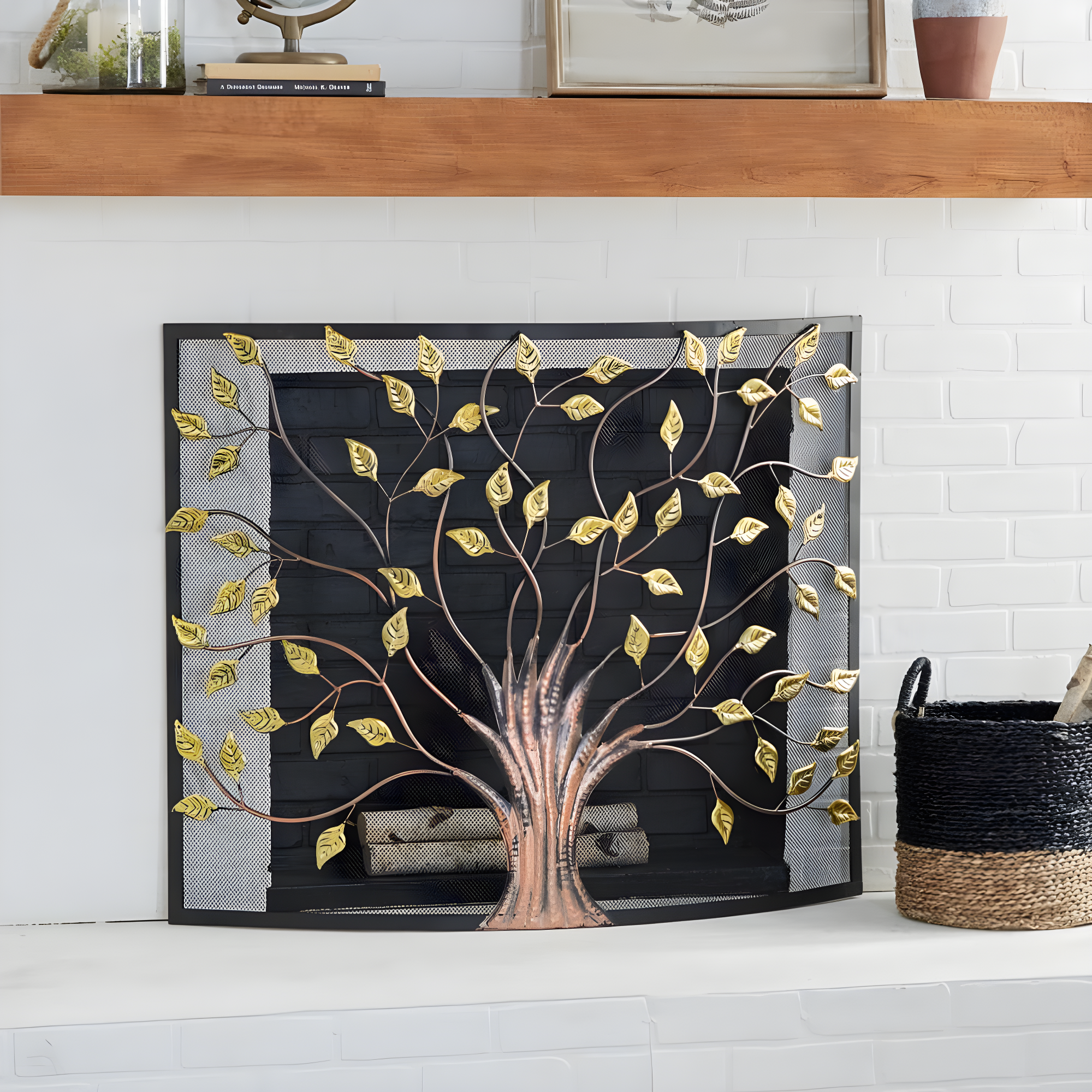 Bronze Metal Tree Design Fireplace Screen with Golden Leaves