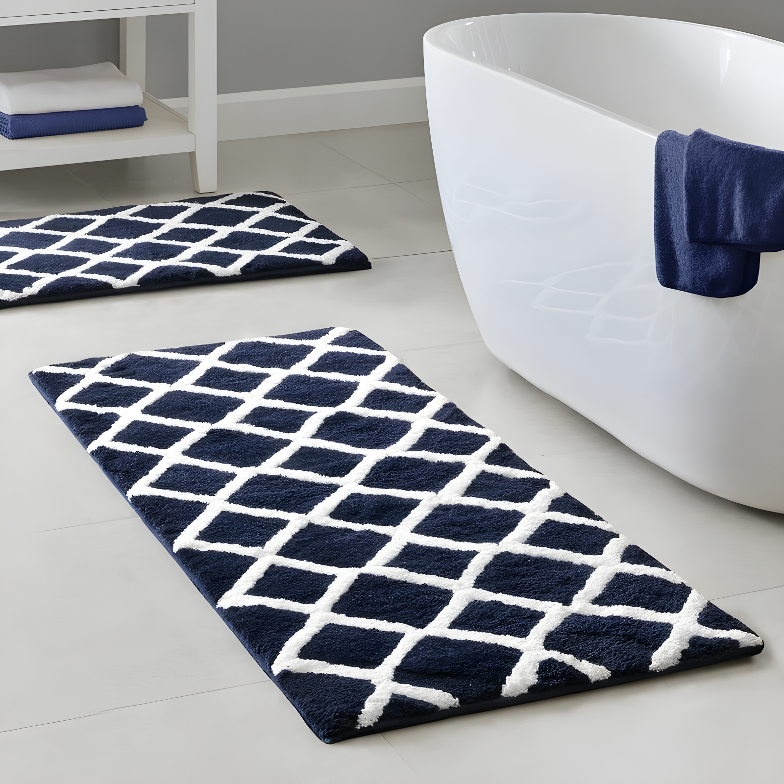 Navy and White Reversible High Pile Tufted Bath Rug