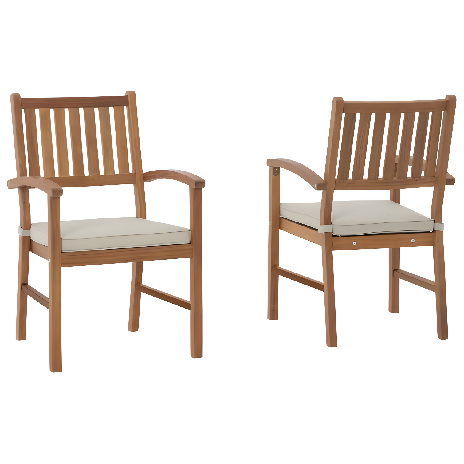 Light Brown Acacia Wood Outdoor Dining Arm Chairs with Cushions