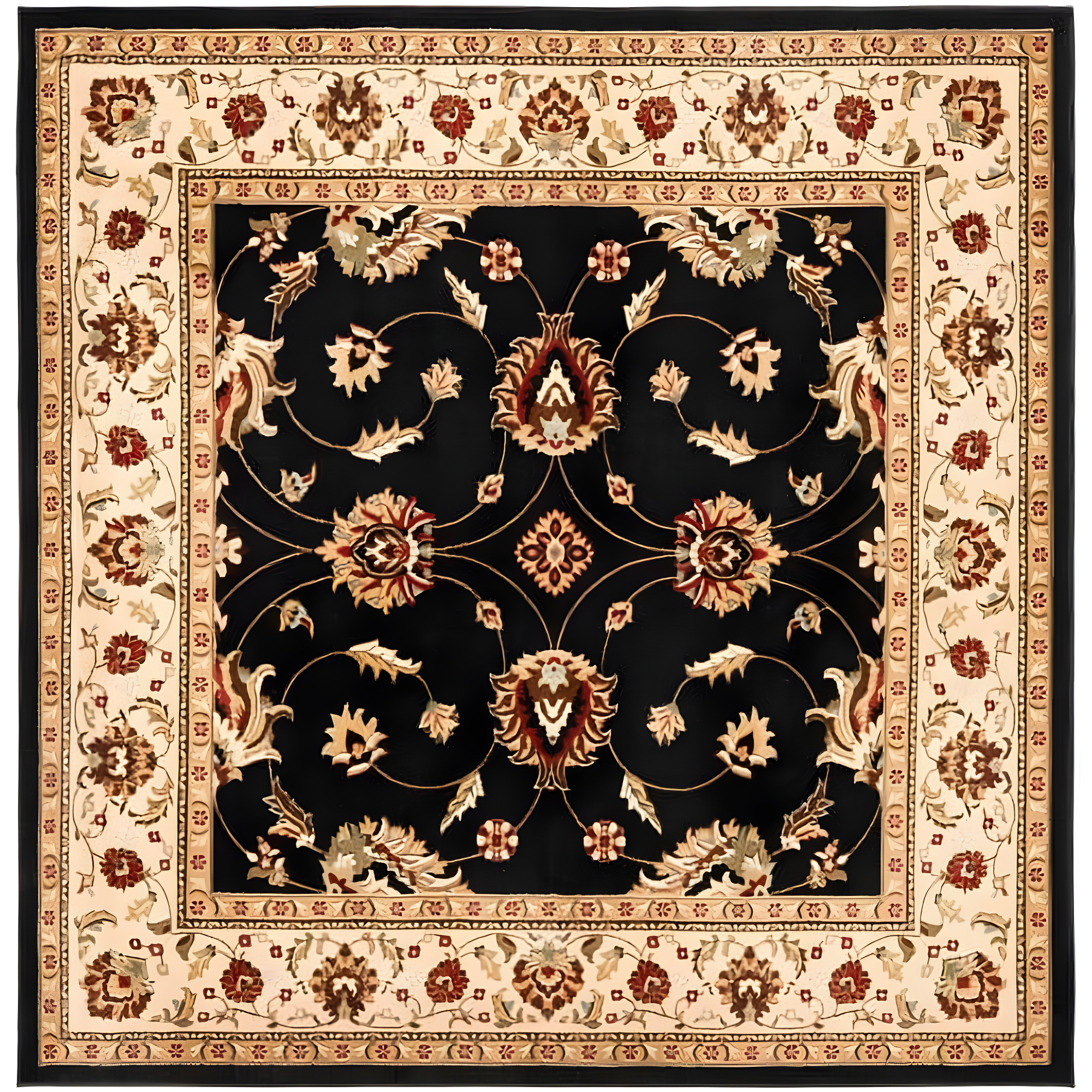 Black and Ivory Synthetic Safavid Style Area Rug, 6'7" Square