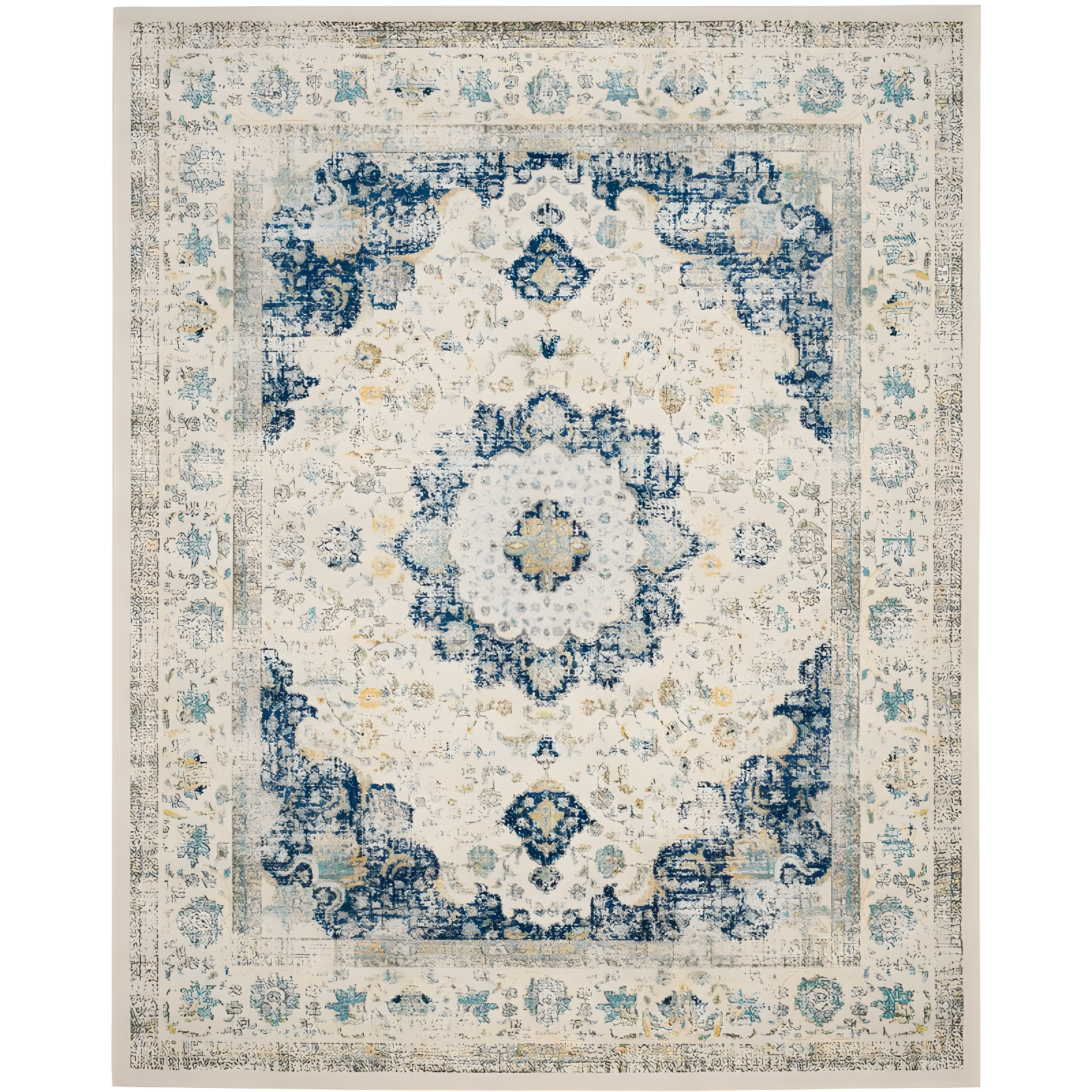 Ivory and Blue Floral High Pile Area Rug 8' x 10'