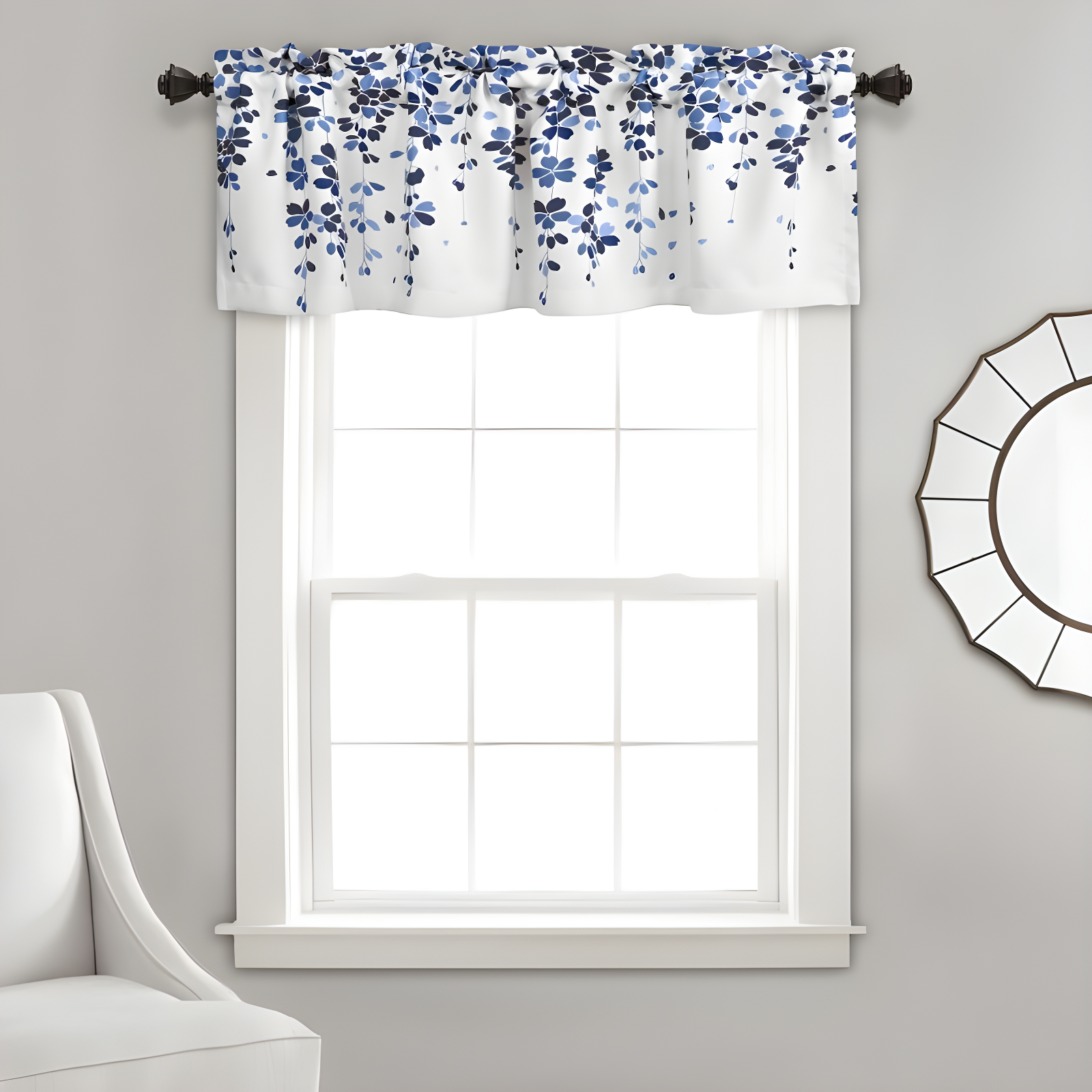 Navy and White Floral Polyester Rod Pocket Valance