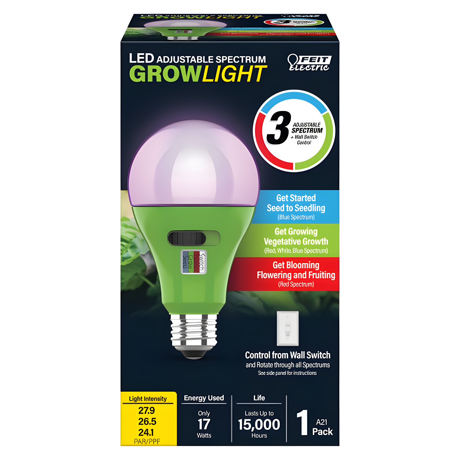 Green and White Adjustable Spectrum LED Grow Light Bulb