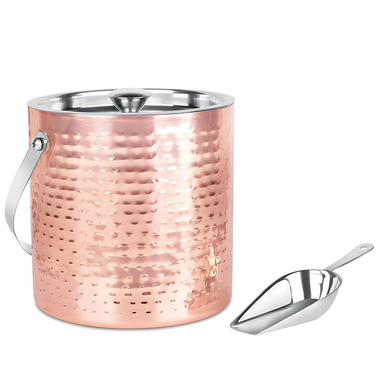 Copper Hammered Stainless Steel Ice Bucket with Scoop and Lid