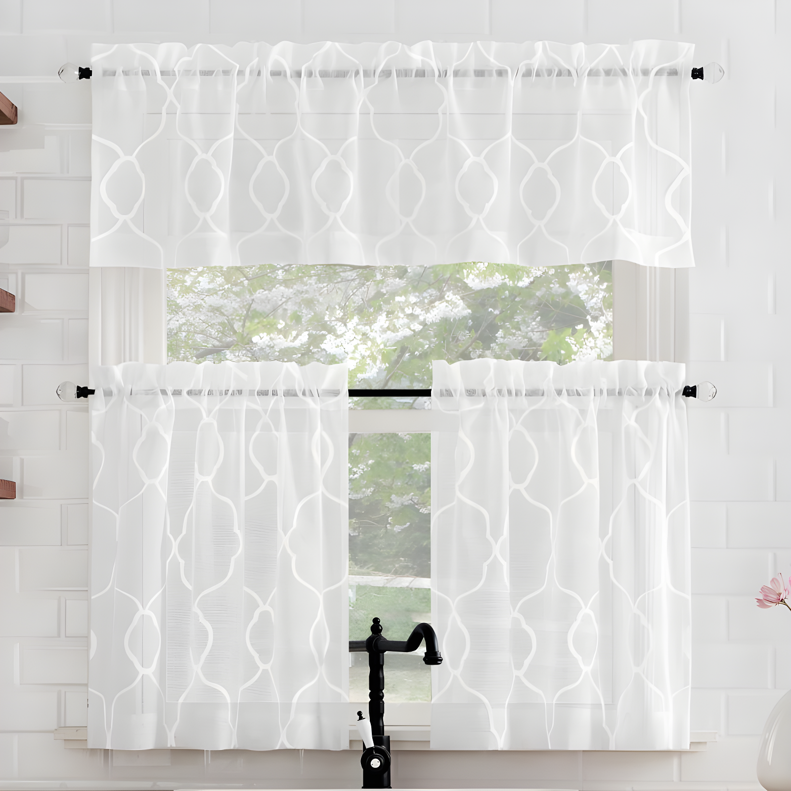 White Embroidered Trellis Light Filtering Kitchen Curtain Set