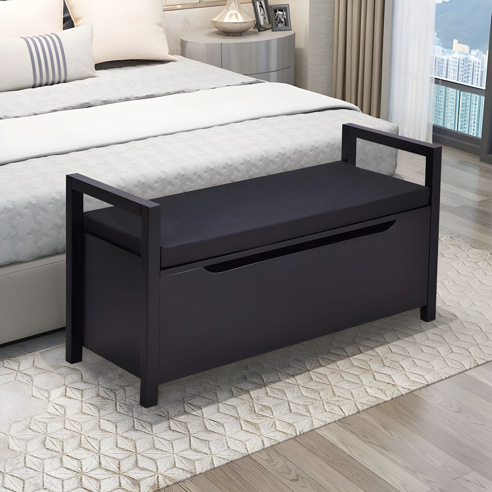 Black MDF Bedroom Storage Bench with Cushion Seat