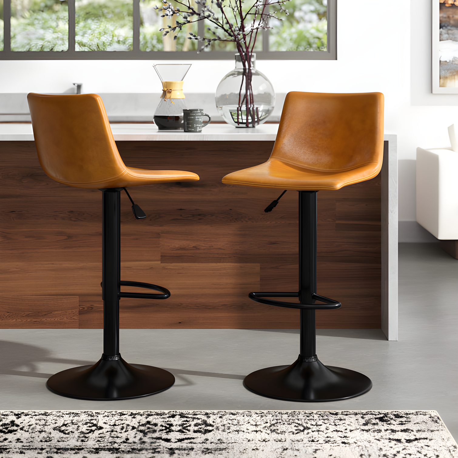 Whisky Brown Faux Leather Adjustable Swivel Bar Stools with Black Metal Base, Set of 2