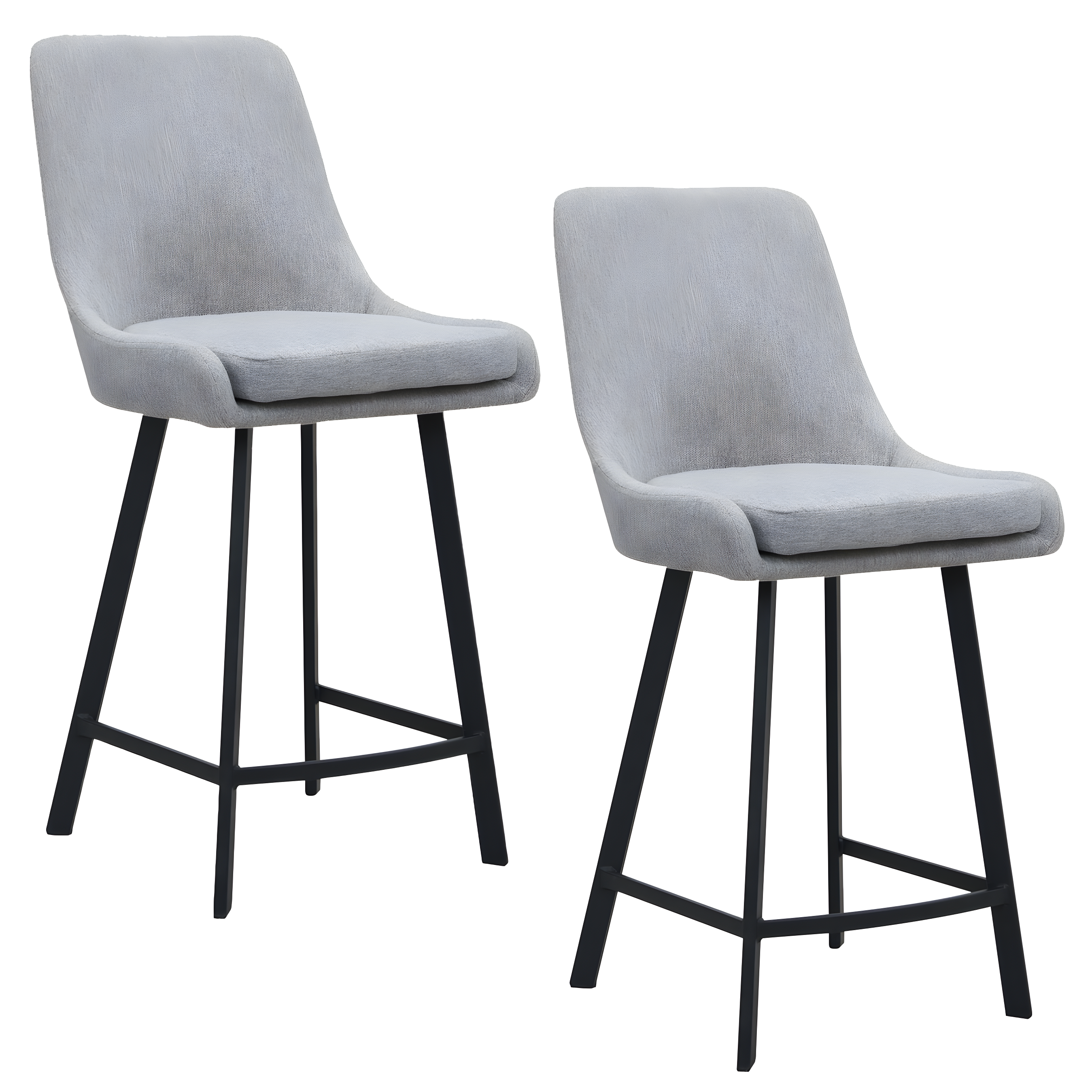 Modern Gray Fabric Barrelback Counter Stools with Matte Black Steel Base, Set of 2