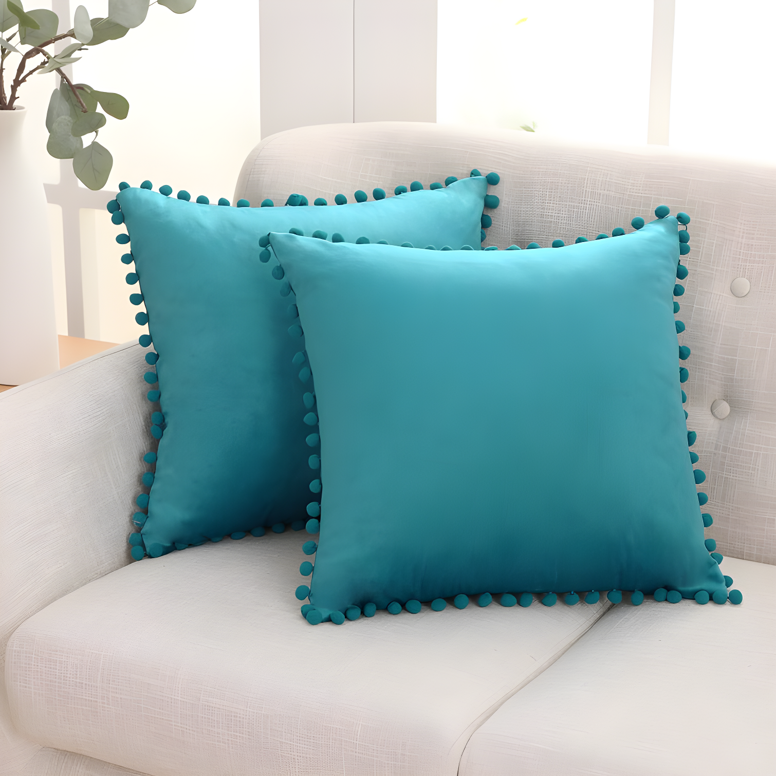 Teal Velvet Pom-Pom 24" Euro Pillow Covers, Set of 2