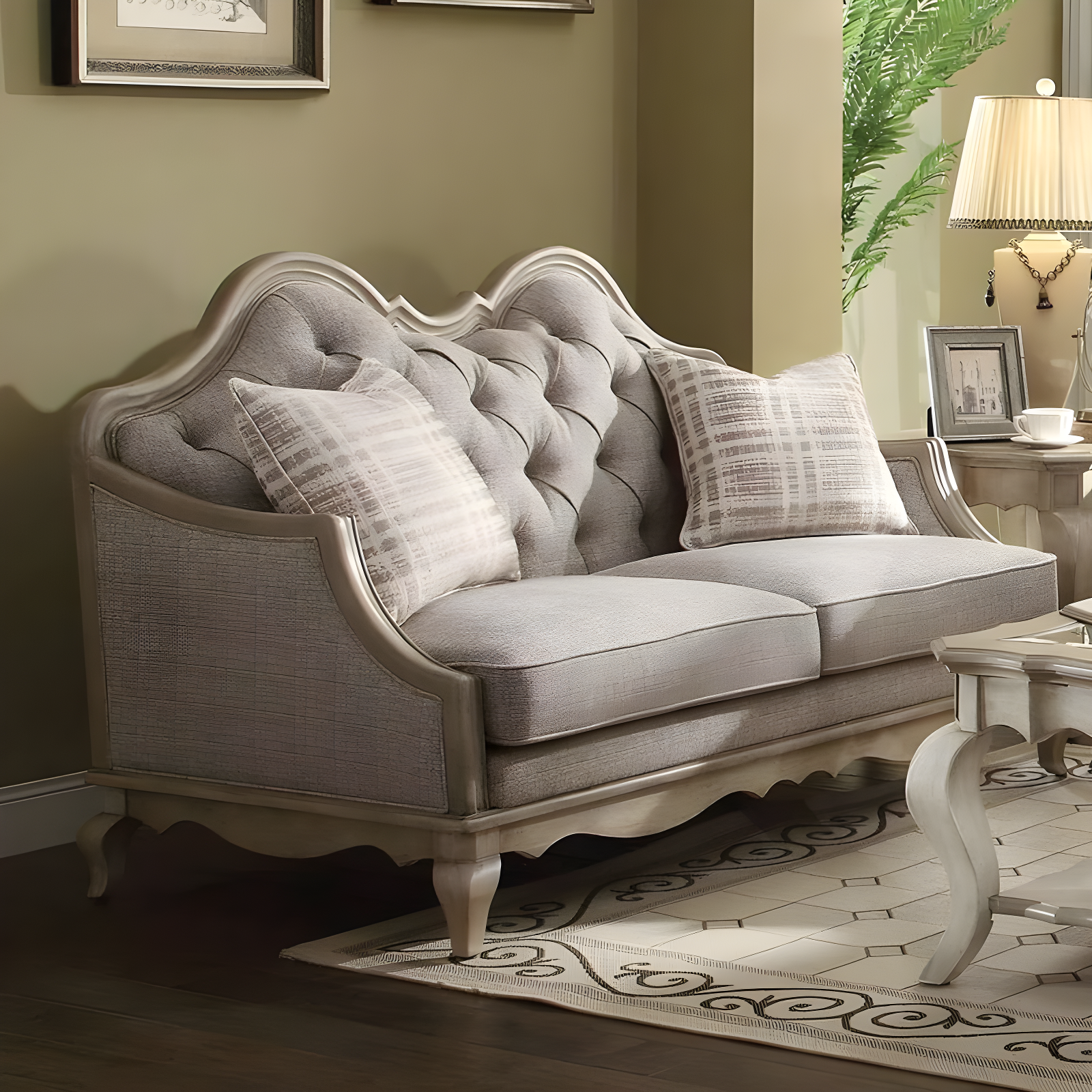 Beige Tufted Camelback Loveseat with Wooden Frame