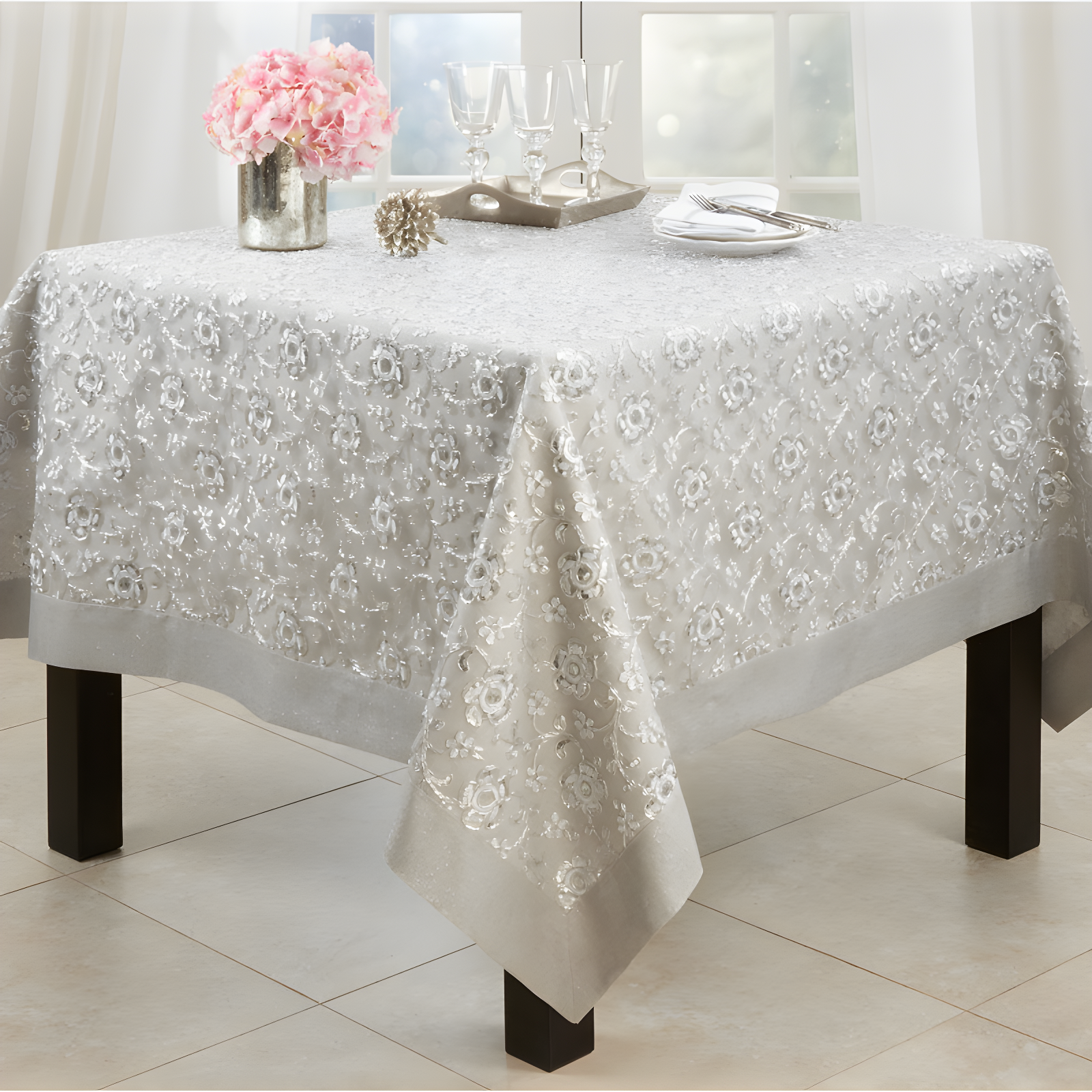 Silver Floral Embroidered Polyester Tablecloth, 65" x 120"