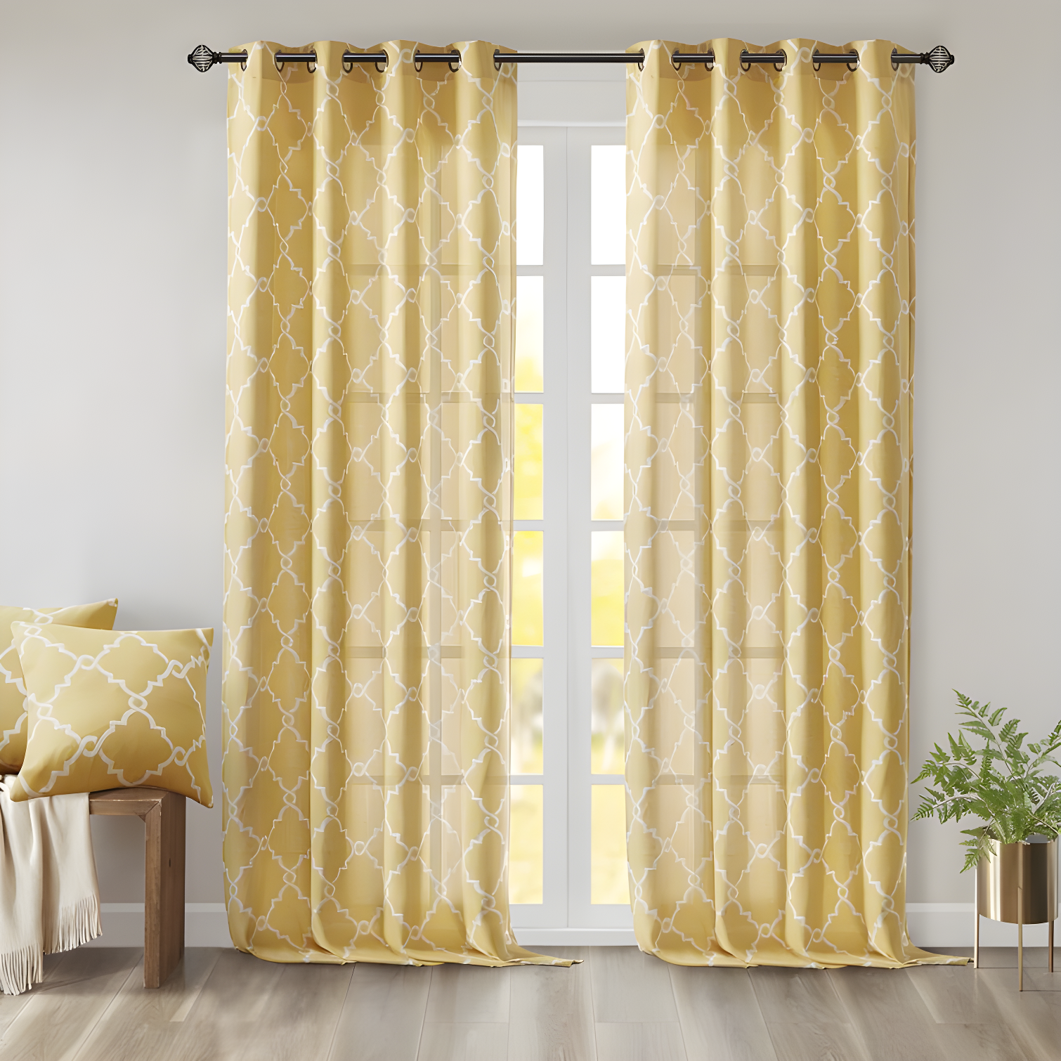 Yellow and White Light Filtering Grommet Top Curtain Panel