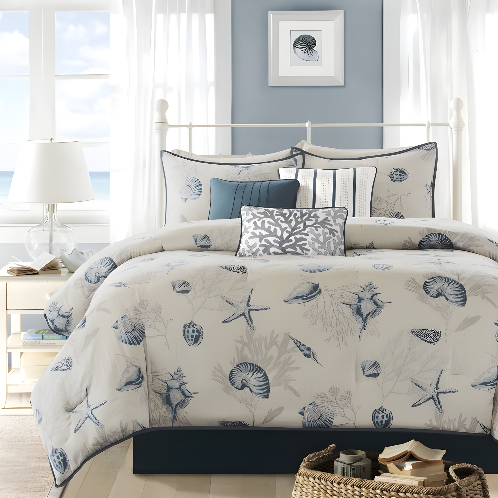 Bayside Blue and Taupe Cotton 7-Piece King Bedspread Set