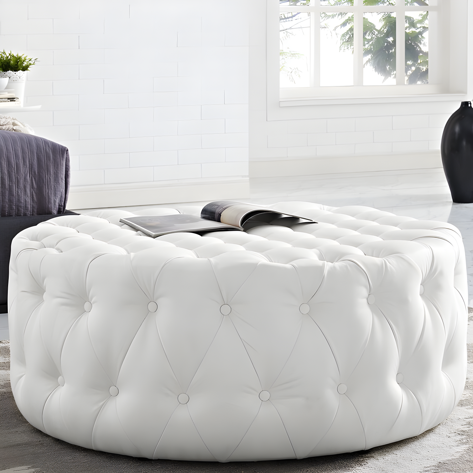 White Tufted Round Vinyl Ottoman with Dense Foam Padding