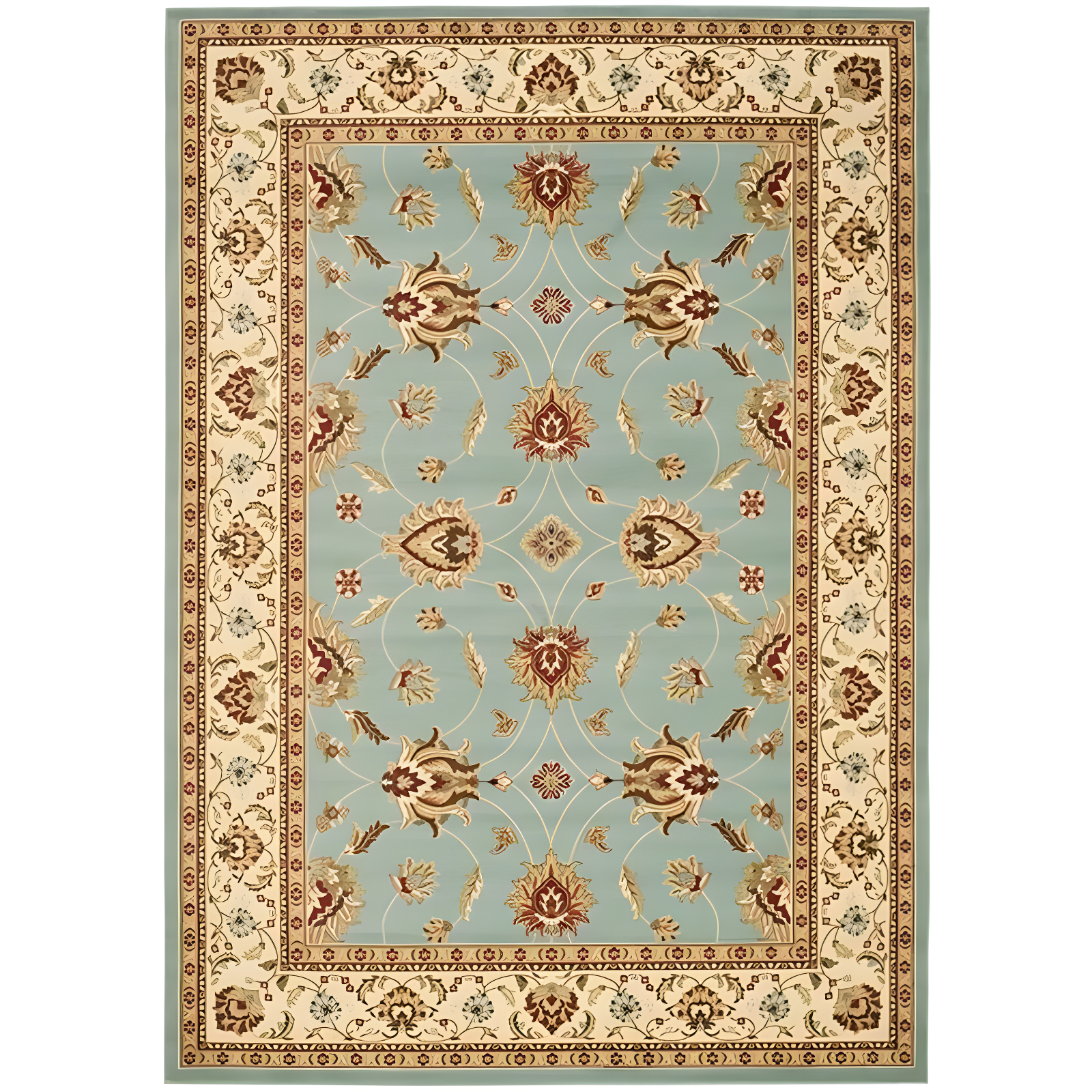 Blue and Ivory Floral Border Medium Pile Area Rug