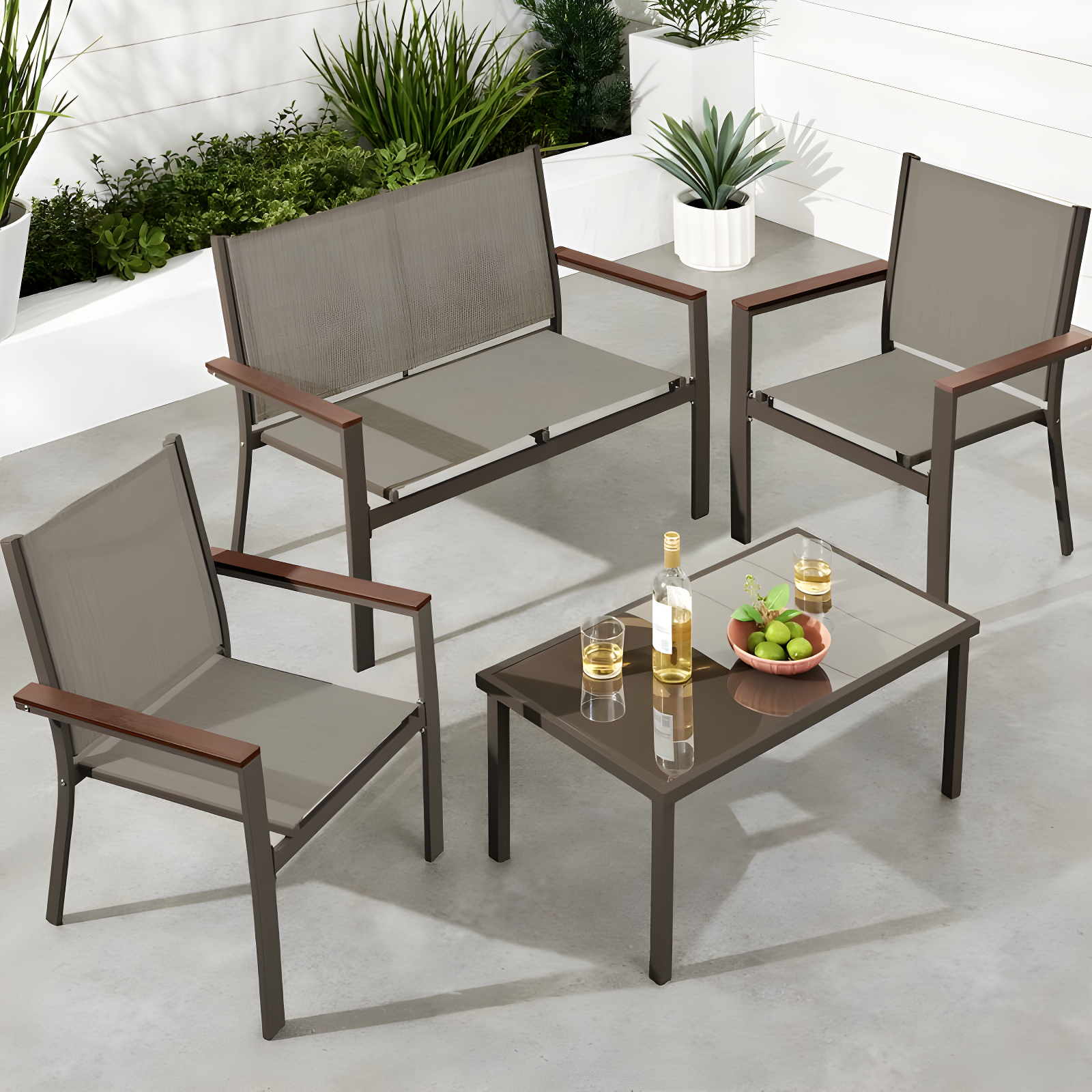 4-Piece Brown Steel Patio Conversation Set with Coffee Table