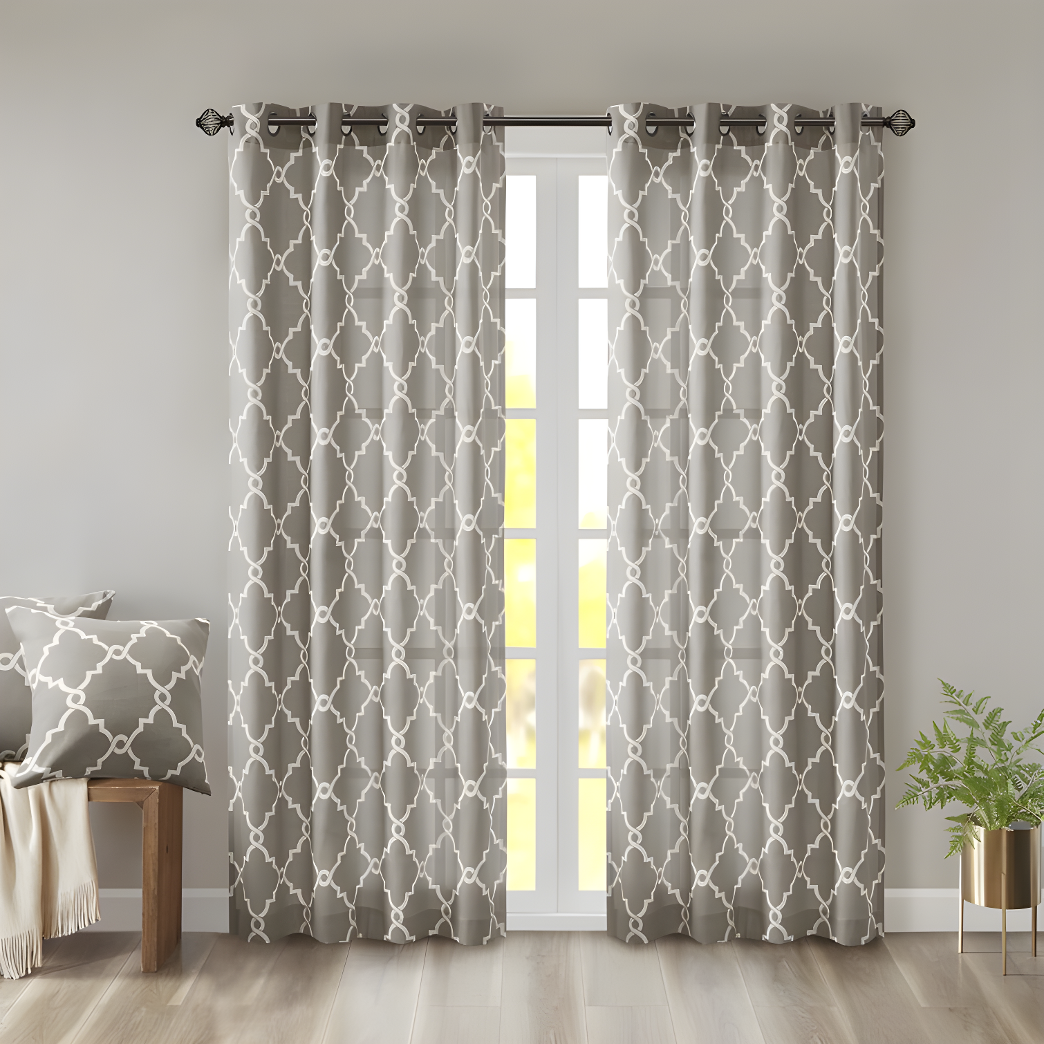 Gray and White Light-Filtering Grommet Top Cotton Blend Curtains