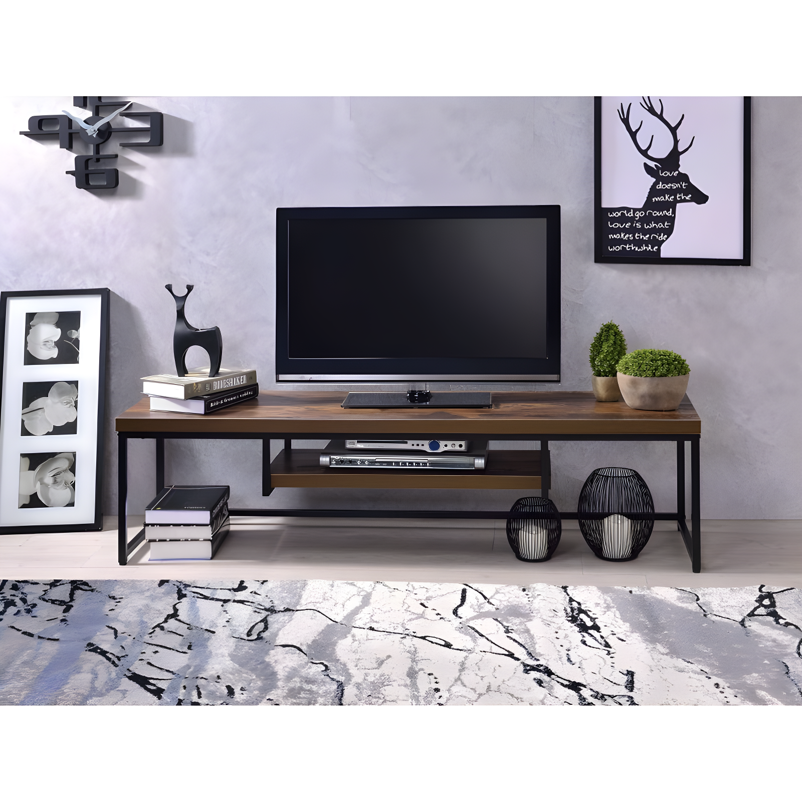 Sleek Weathered Oak and Black Metal TV Stand with Open Shelf