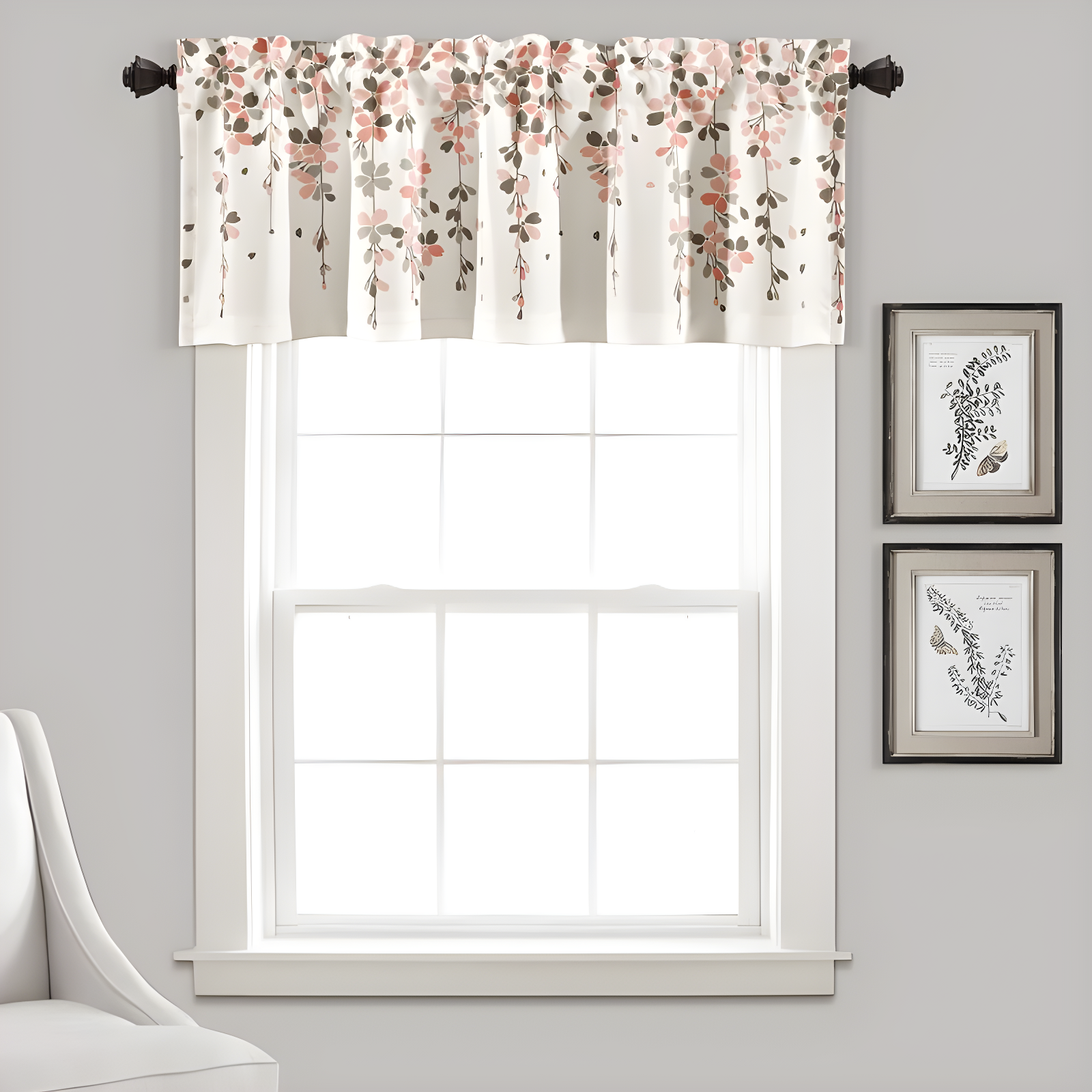 Blush and Gray Floral Rod Pocket Valance