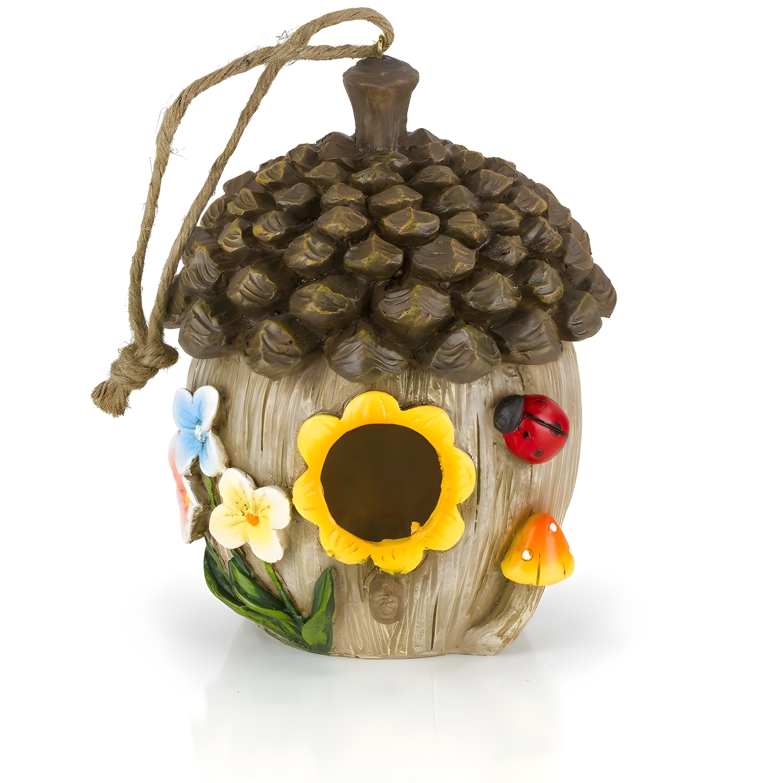 Hand-Painted Acorn Cottage Polyresin Birdhouse with Jute Cord