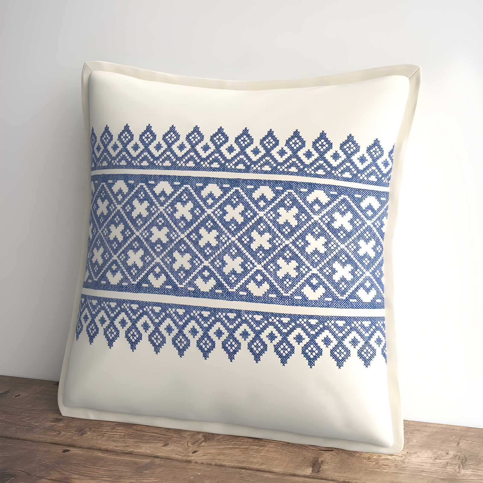 Boho-chic Blue and White Embroidered Linen Throw Pillow