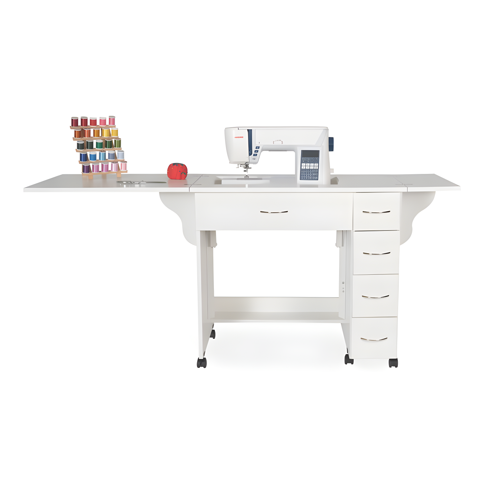 34'' White Foldable Sewing Table with Hydraulic Lift and Drawers