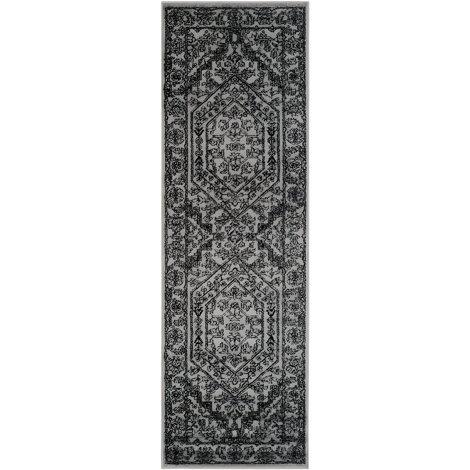 Silver and Black Medallion Synthetic Runner Rug