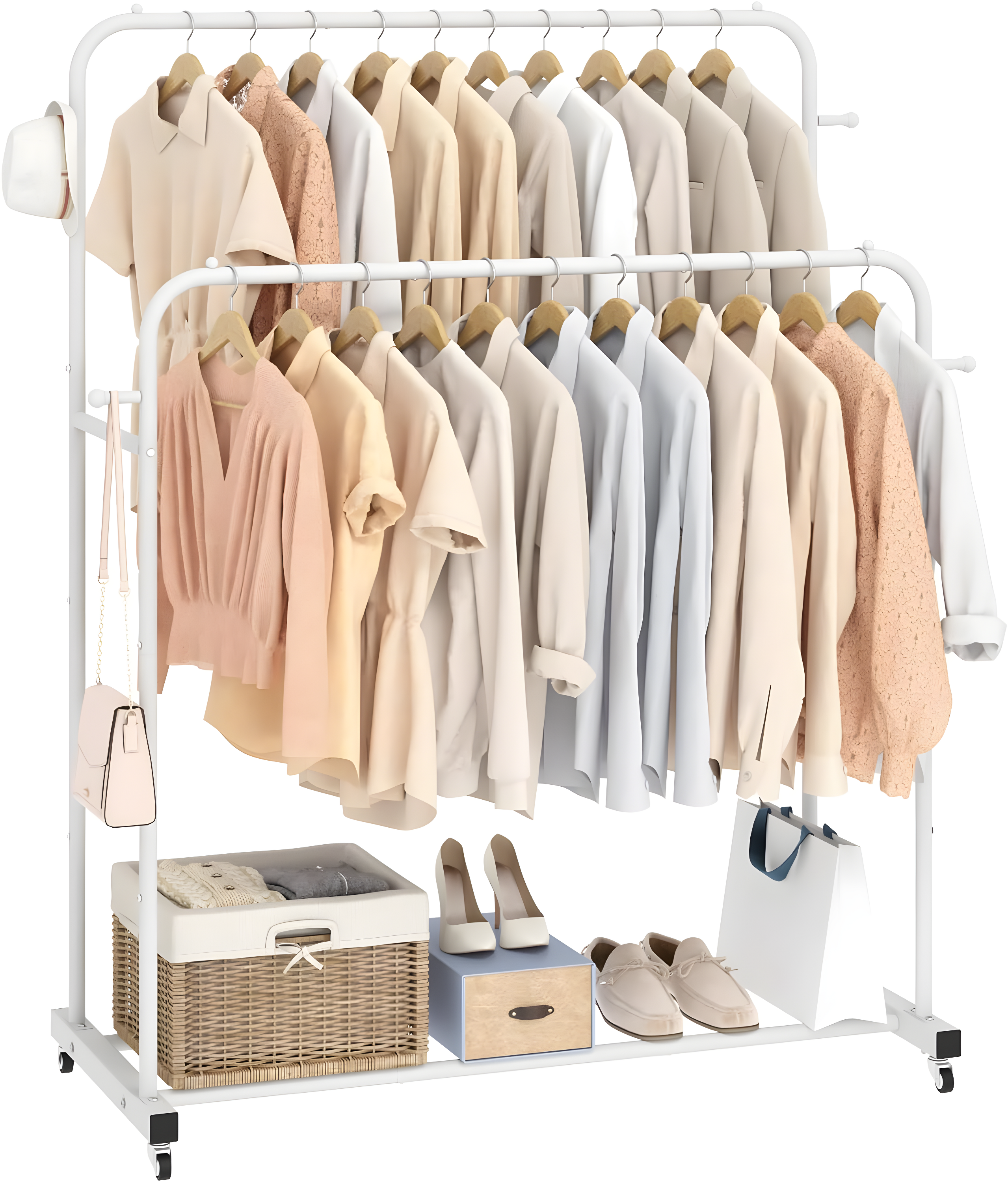 White Double Rods Garment Rack with Wheels and Hooks