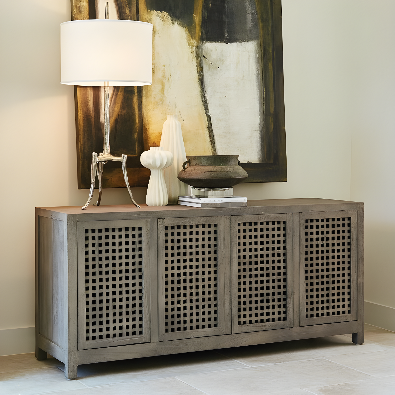 Sun-Bleached Driftwood Credenza with Handcrafted Lattice Doors - Grey