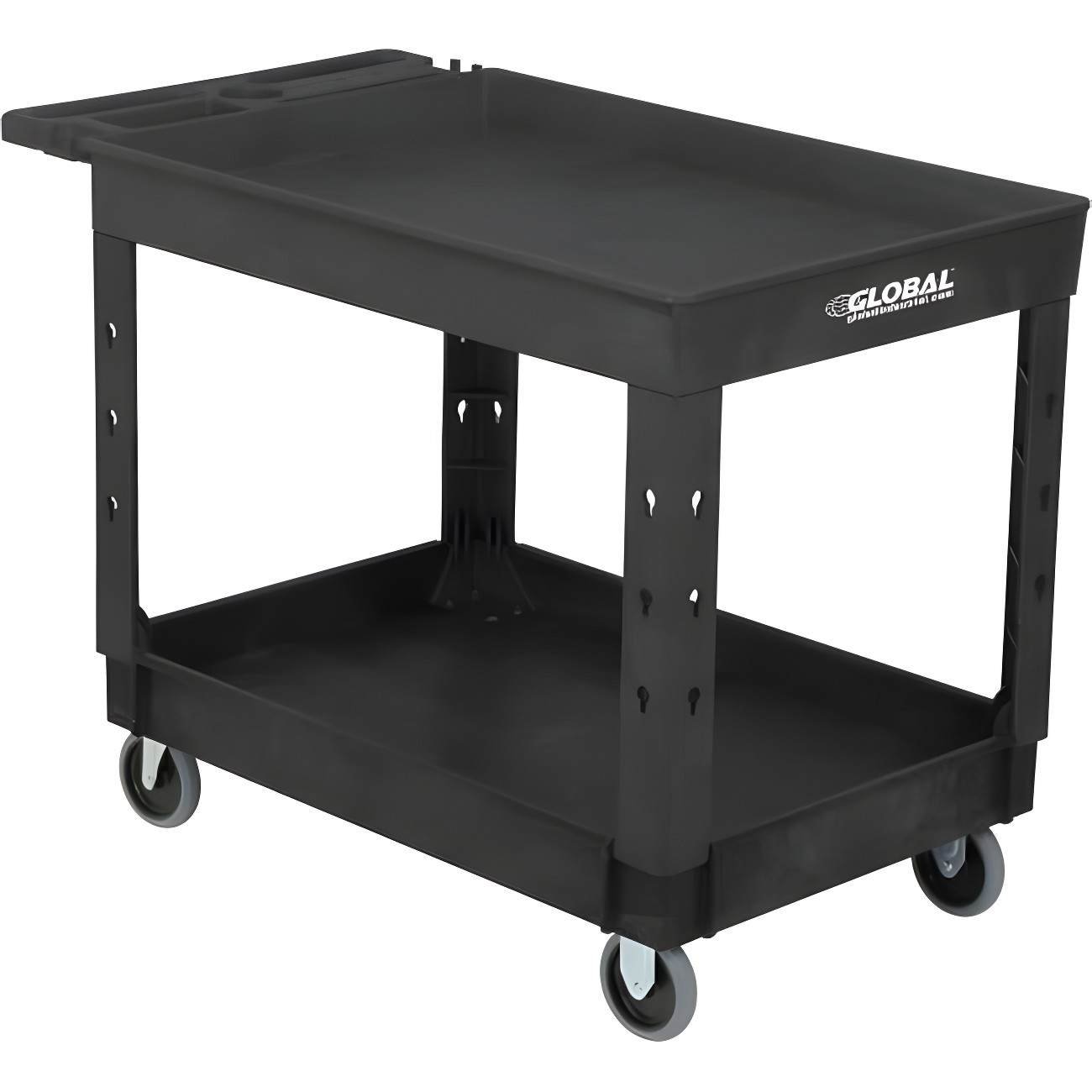 Black Plastic 2-Tray Industrial Utility Cart with Rubber Casters