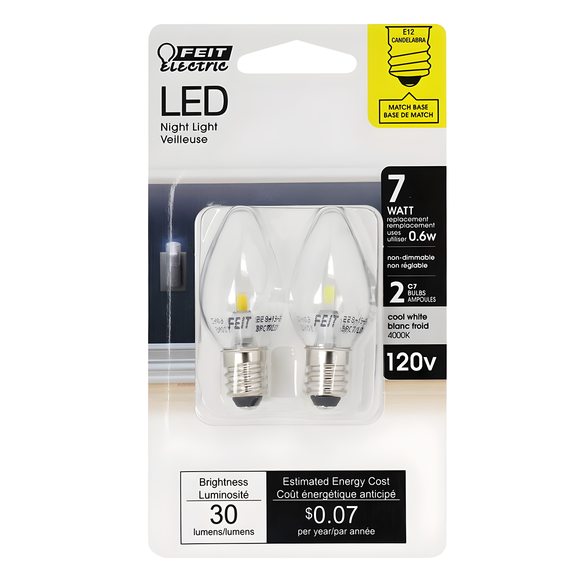 Clear LED Candelabra Base Night Light Bulbs, 2-Pack