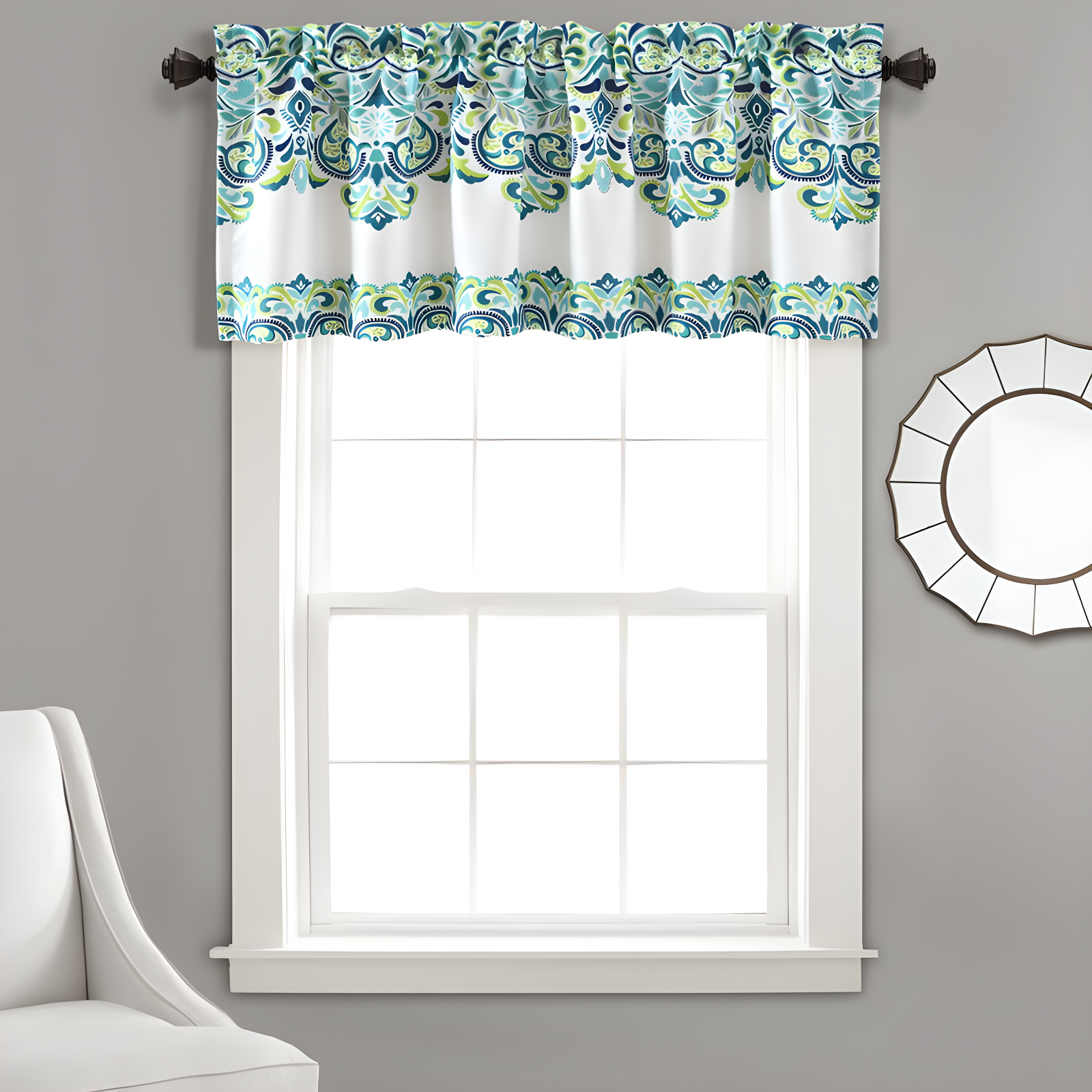 Clara Blue and Green Paisley Damask Window Valance